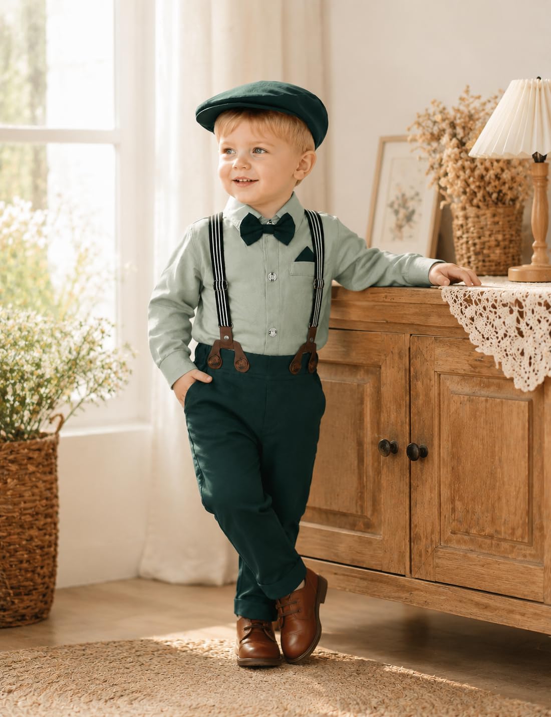 mintgreen Bebé Niño Traje 3PCS Caballero Boda Ropa Formal Camisa Conjunto Tirantes Pajarita Corbata con Sombrero 3-18 Meses