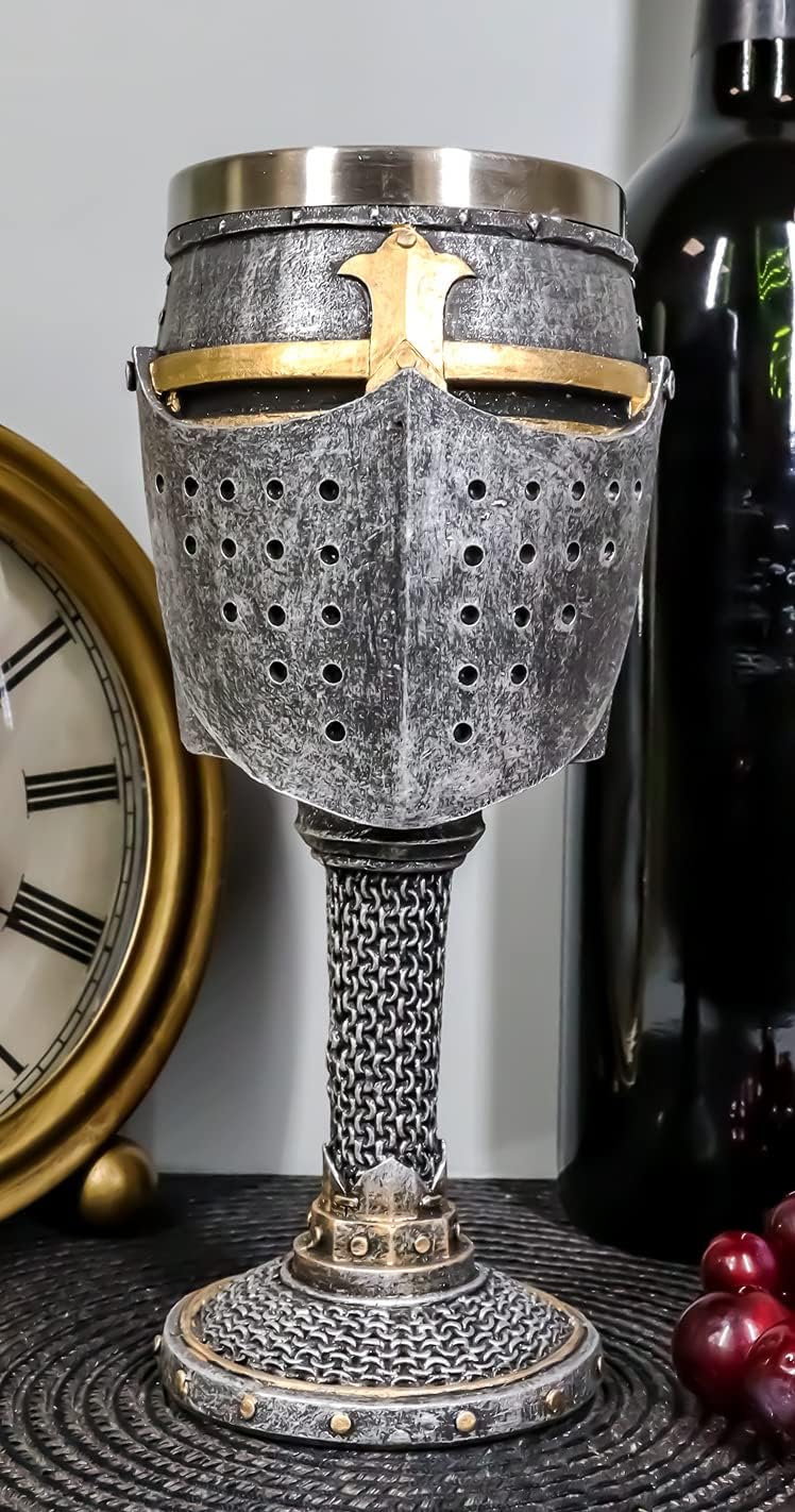 Ebros Medieval Renaissance Crusader Knight Of The Cross Suit of Armor Helm Drinkware Serveware With Sculpted Chainmail Handle Stem Middle Ages Warrior Crusade War Decor (Wine Goblet Chalice)