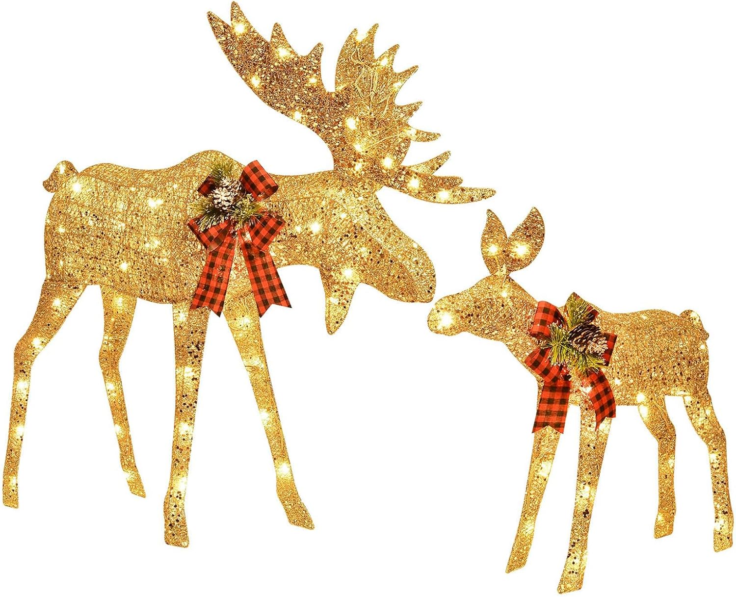 2- Piece Large Lighted Christmas Deer Decoration, 3D Christmas Reindeers Family Set with 125 Warm Color LED Lights, Outdoor Yard Decoration with Stakes, Cable, Gold & Red Bow 2- Piece Large Lighted Christmas Deer Decoration, 3D Christmas Reindeers Family Set with 125 Warm Color LED Lights, Outdoor Yard Decoration with Stakes, Cable, Gold & Red Bow