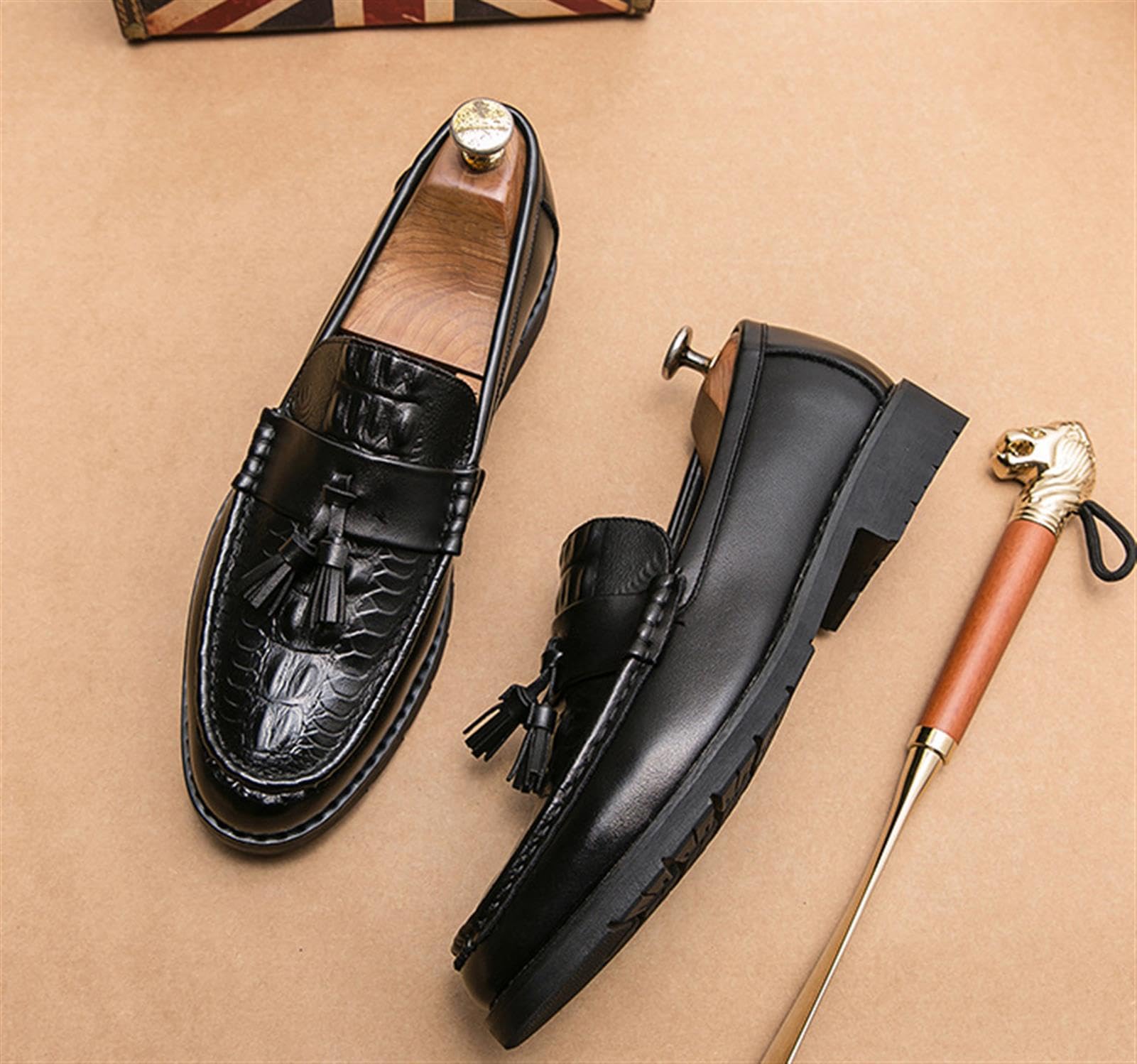 Mocasines con Borlas para Hombre Zapatos de Vestir Sin Cordones Patrón de Cocodrilo Cuero Sintético Casual Negocios Boda