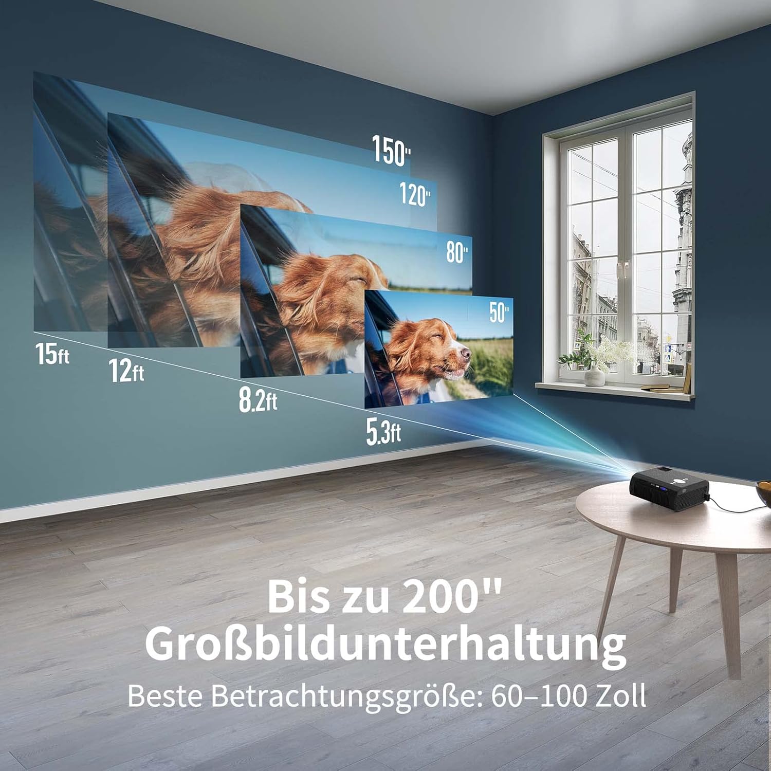 Diagram showing projection distances and screen sizes for the WEWATCH V50 Pro Projector