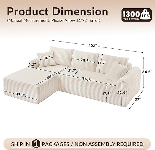Miniatura 3 de Sofá modular modular de 103 pulgadas, sofás seccionales Cloud con asiento profundo, sofá deshuesado con diván, sofá tapizado en forma de L para sala