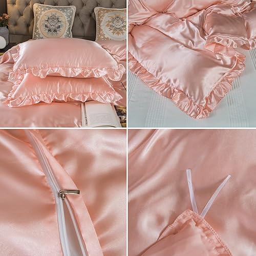 Miniatura 7 de Juego de funda de edredón de lujo sedoso de satén rosa con estampado de volantes de satén rosa y seda rosa, juego de ropa de cama tamaño Queen, 1