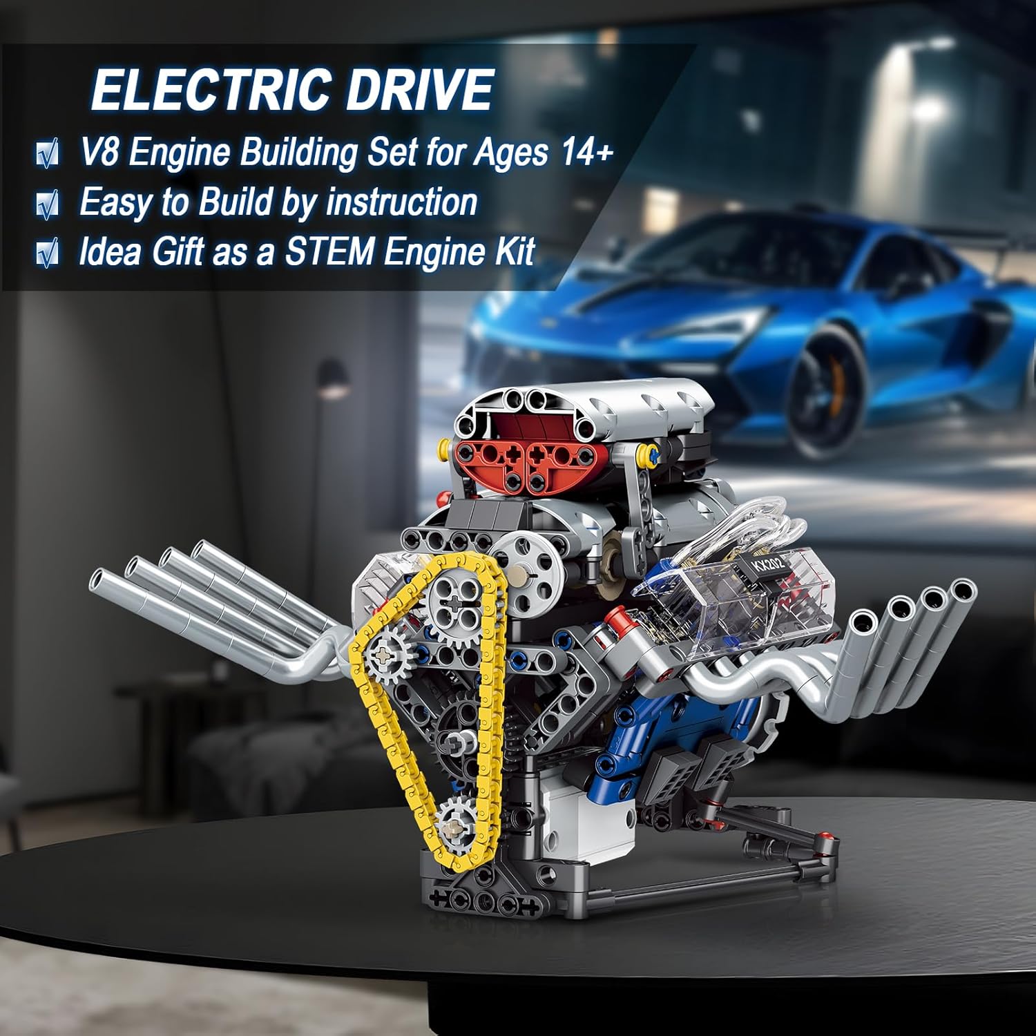 HIGH GODO V8 Engine Kits that Runs, DIY Car Engine Model Kit for App Control, Build Your Own Visible Engine Model Toy with Motor and Lights, STEM Model Engine for Teens Adults 14+ (665 PCS)