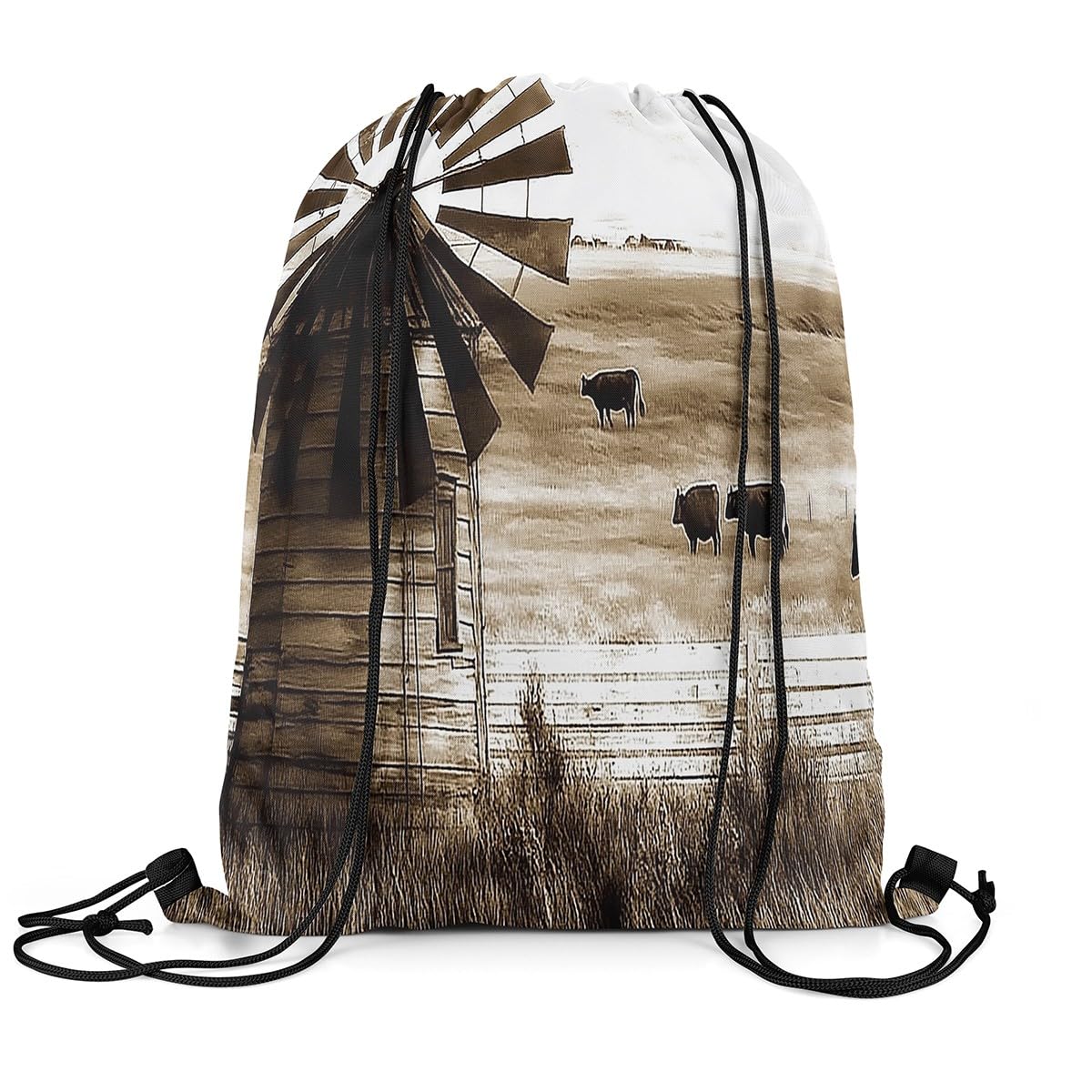 Loussiesd Rustic Windmill Drawstring Backpack 40x33cm Western Cow Grass Sports Gym String Bag Retro Farmhouse Drawstring Bags Farm Nursery Waterproof Cinch Bag Sports Drawstring Sackpack