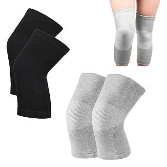 Premium Bamboo Knee Compression Sleeve, 2 Pair Slip-One Knee Support, Elastic Warm Knee Brace for Knee Pain, Joint Recovery, Sports, Daily Wear for Adults Black+Gray, Medium