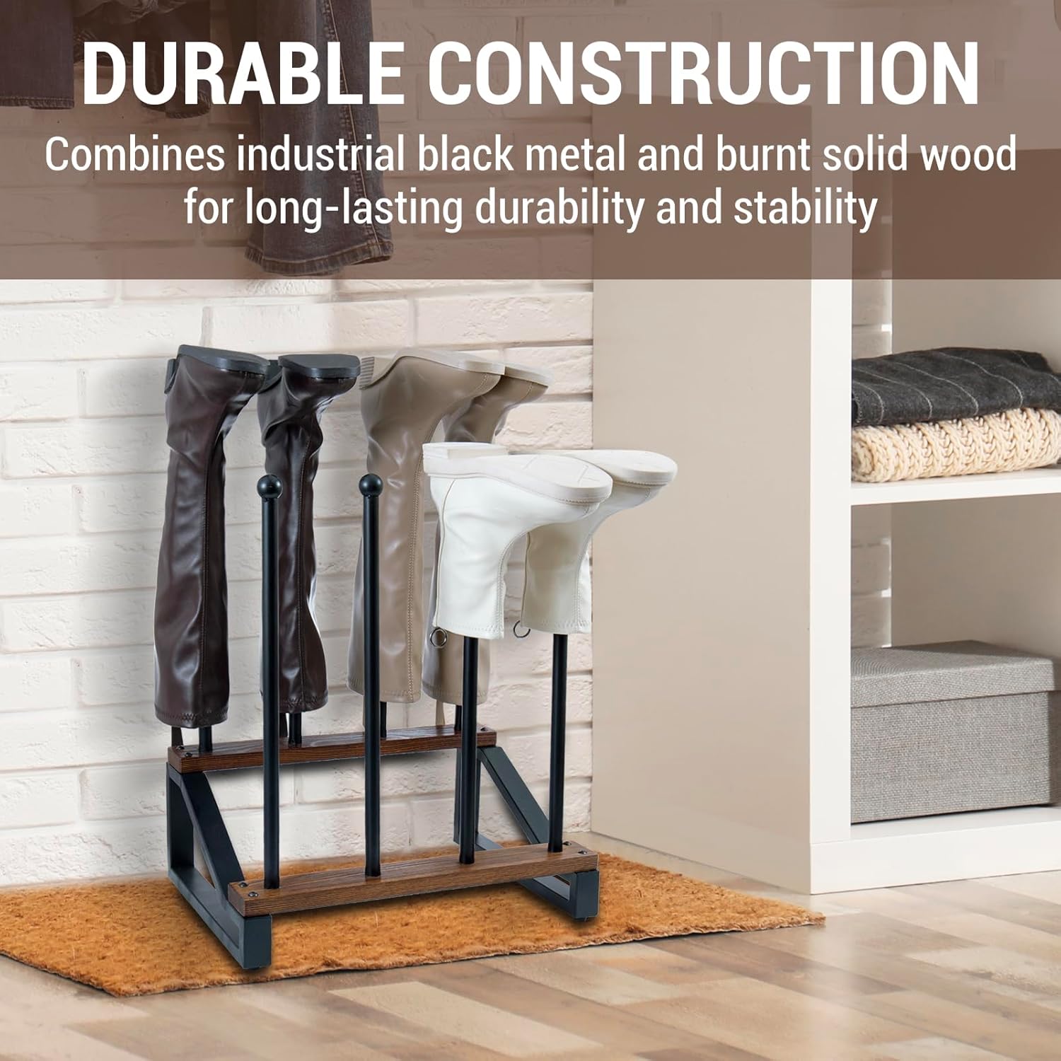 MyGift 2 Tier Modern Rustic Floor Standing Boot Holder Rack, Industrial Black Metal and Burnt Solid Wood Entryway Shoe Organizer Stand, Holds 4 Pairs of Tall Boots