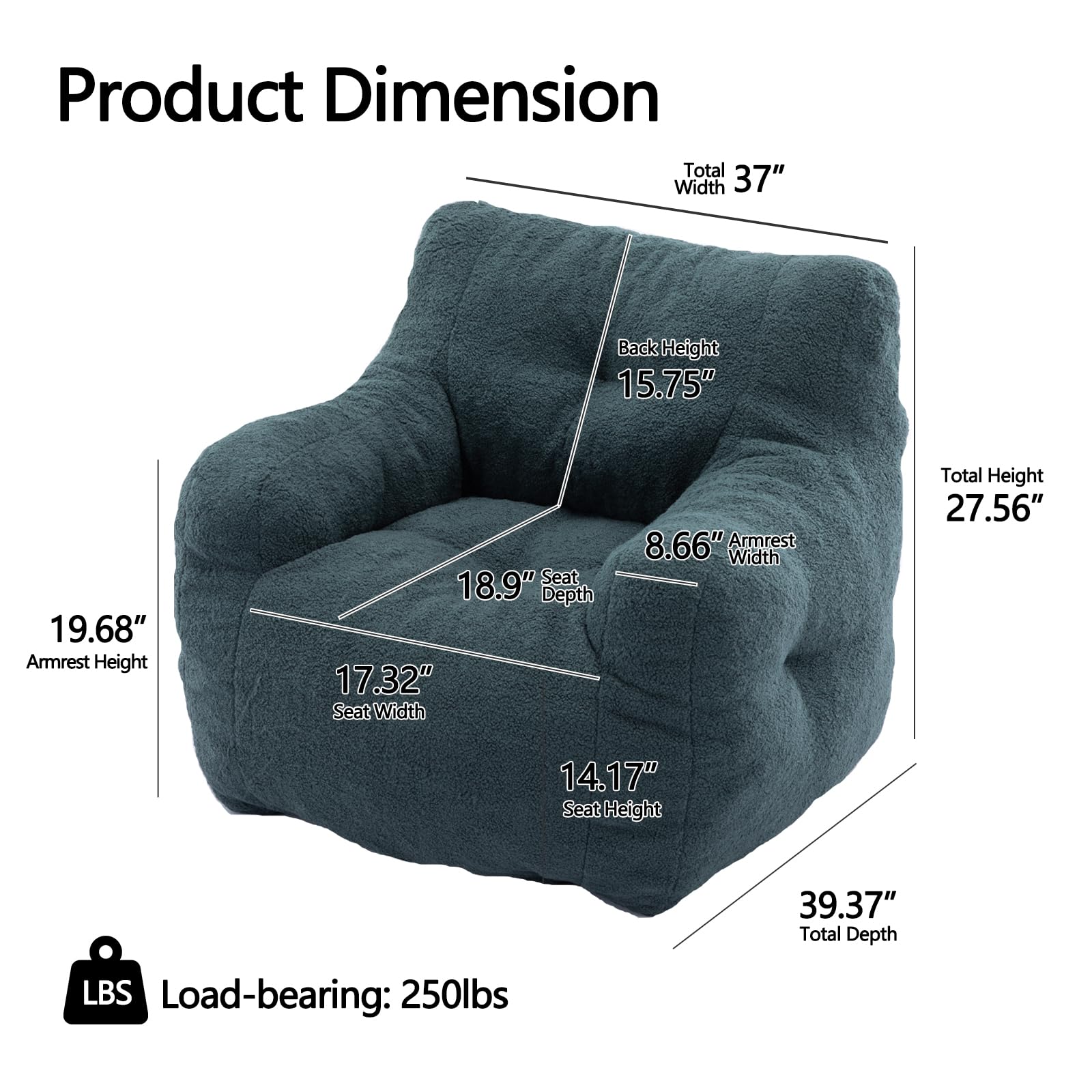 Rumiiro Bean Bag Chair with Armrests for Adults Teens Kids Lazy Bean Bag Couch with Filler Soft Tufted Foam Beanbag Chair Sofa with Teddy Fabric for Bedroom Living Room 39.37x39.37x27.56(Green)