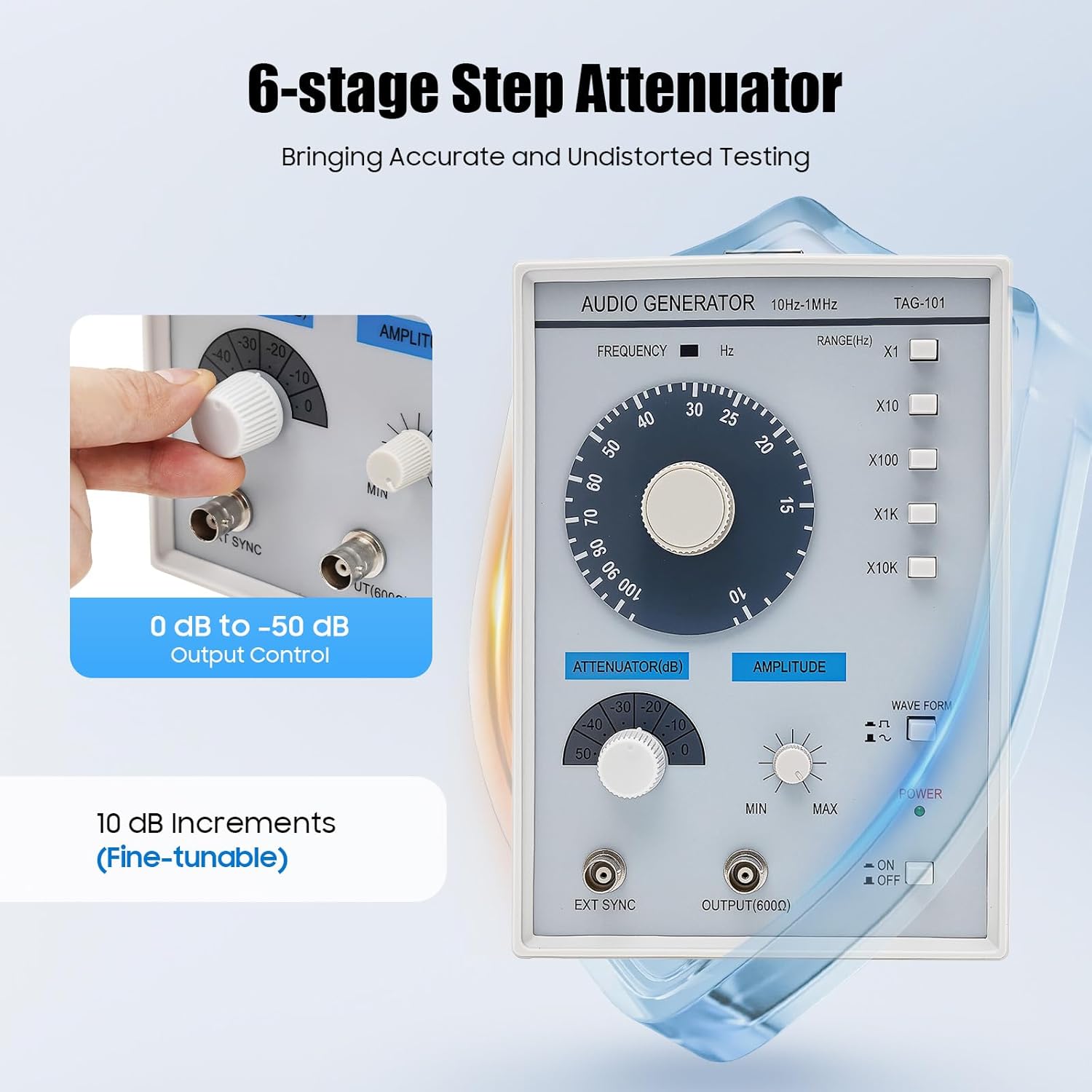Low Frequency Signal Generator, TAG-101 High Precision Function Signal Generator, 10Hz-1MHz Function Generator with Sine & Square Wave Output, 6-Step Attenuator