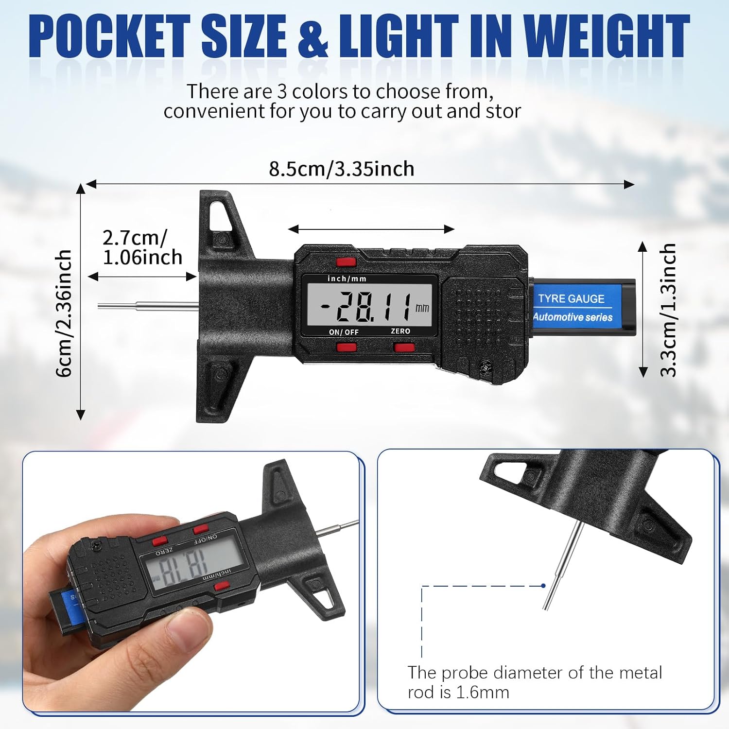 Frienda 3 Pieces Tire Tread Depth Gauge Tool Digital Tire Tread Depth Gauge LCD Display Tread Checker with Inch and MM Conversion for Motorcycle, Car, Truck and Bus, Silver, Black, Blue