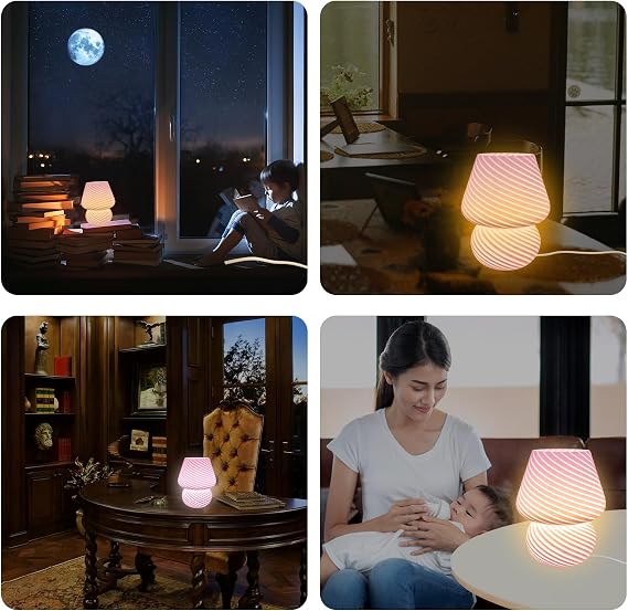 Mushroom Table Lamps Glass Bedside Lamp Dimmable Night Lights Indoor, Desk Lamp with Remote Control Decorative Light for Bedroom, Living Room, Cafe (Pink) [Energy Class G]