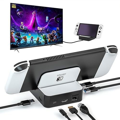 Estación de acoplamiento de TV para Nintendo SwitchNintendo Switch modelo OLED, base de conmutación 6 en 1 con HDMI 2.0, Ethernet de 100 Mbps, 2