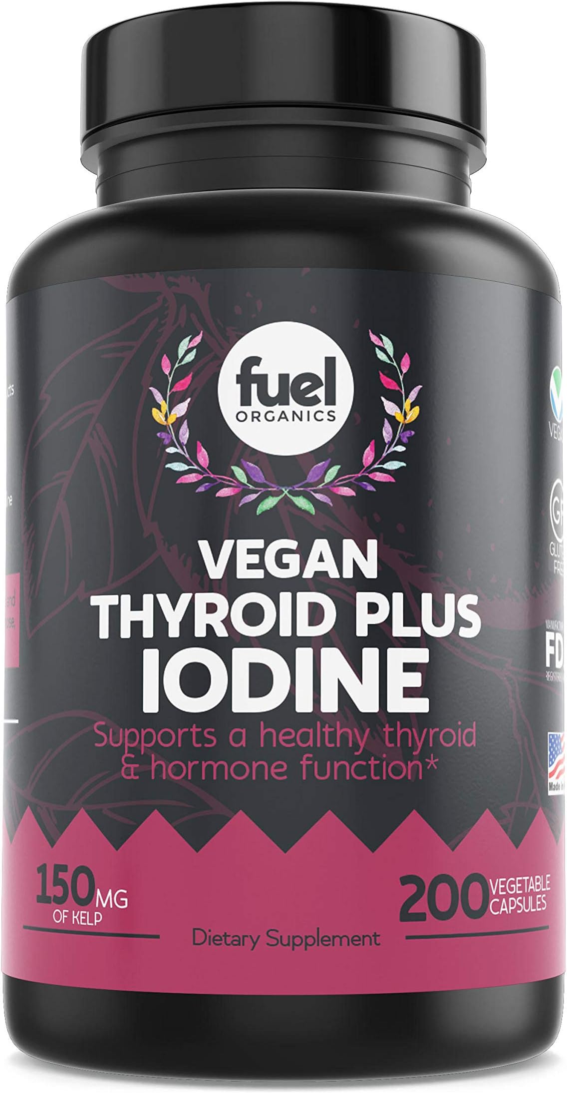 Fuel Organics Vegan Iodine Supplement Solution︱Supplements for Thyroid︱200 Capsules︱150 mcg︱Organic︱Suitable for Adult Men & Women︱Gluten Free, Non-GMO, Plant-Based, Vegetarian
