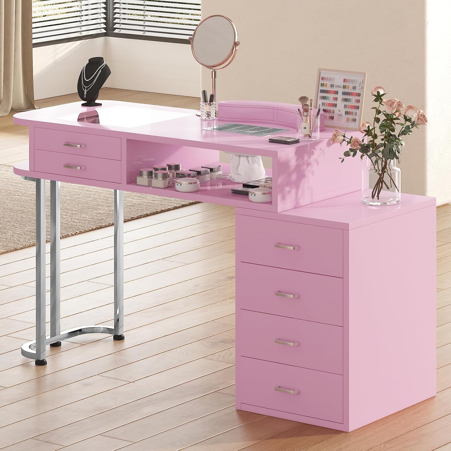 Manicure Nail Table,Professional Nail Table with Wrist Cushion,Transparent Desktop,Nail Workstation with Dust Collector,Dust Collecting Sleeve and Storage Drawers,Pink.