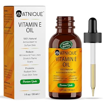 Natnique Vitamin E Oil 1 oz Natural D-Alpha Tocopherol for Face, Skin, Hair & Nails Pure, Non-GMO Moisturizer for Scars, Stretch Marks & Dry Skin Cold-Pressed Carrier Oil for Body & Beauty Care