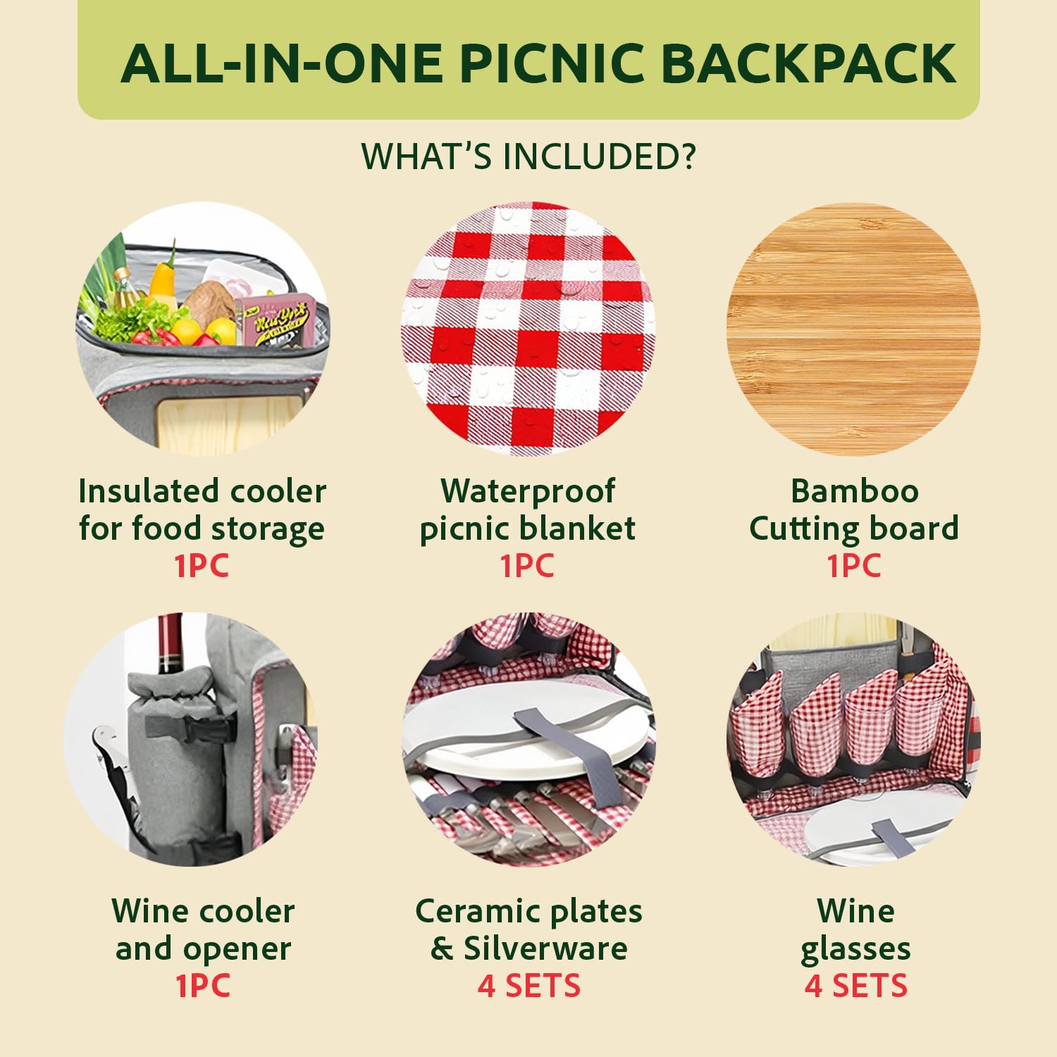 Nature Gear Zaino da picnic per 4, set da picnic isolato con stoviglie, refrigeratore per vino, coperta e servizio di posate, borsa impermeabile per esterni, per spiaggia, campeggio, viaggi e parco