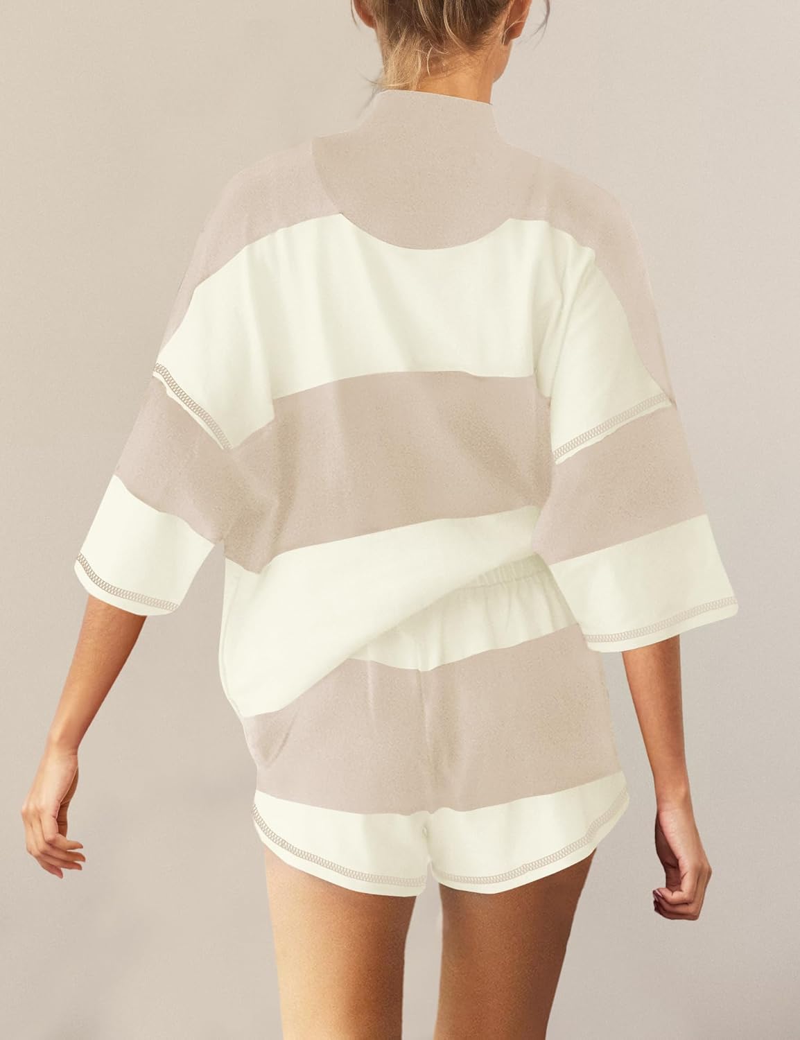 Panadila Women Striped Workout Set Two Piece Outfit Tracksuit Oversized Lounge Set Top and Shorts Sets with Pockets - Image 3