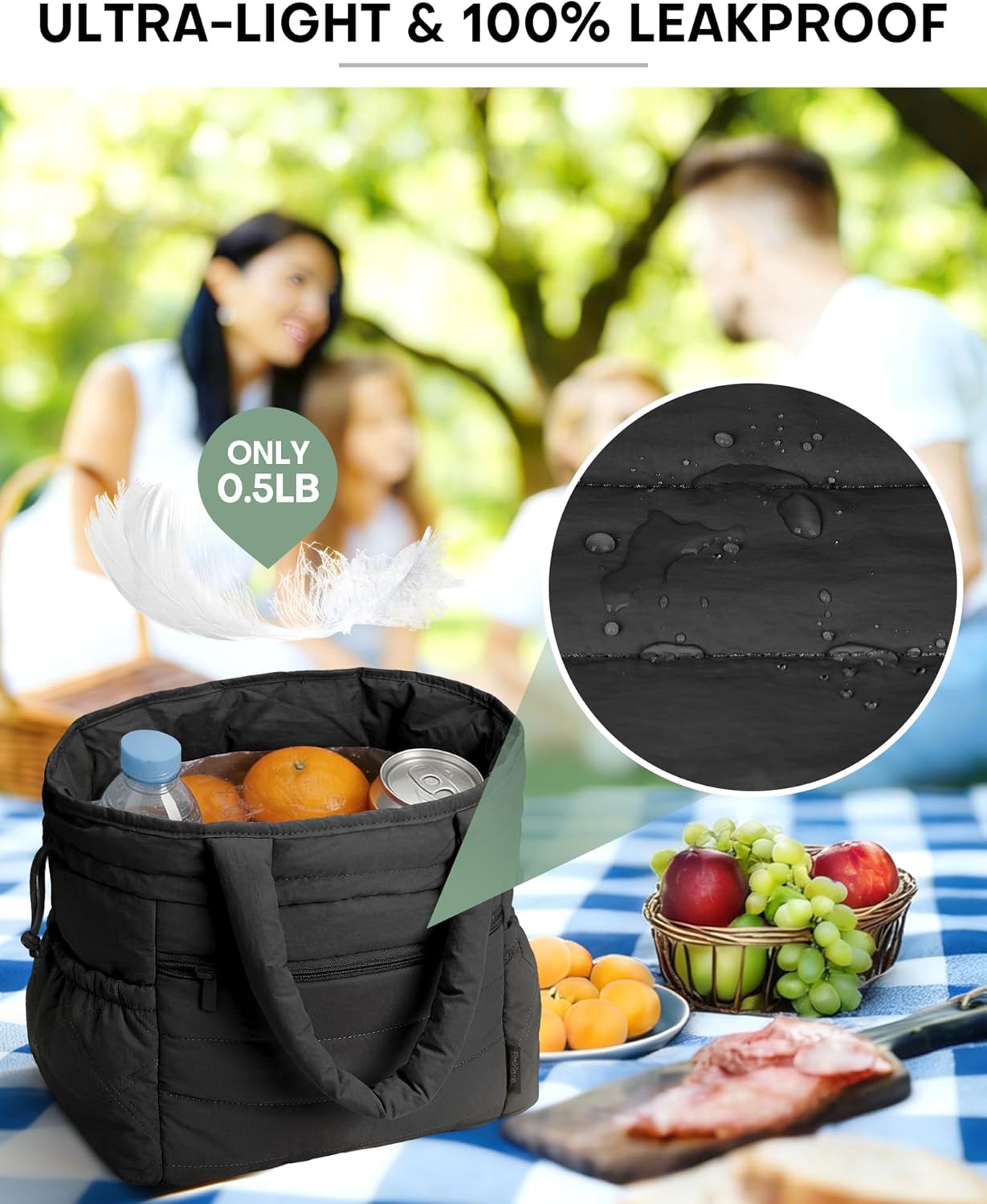 Drawstring Lunch Bag for Women, 12L Soft & Puffy Insulated Lunch Box, Large Lightweight Stylish Leakproof Cooler Tote Bags for Work Picnic Travel,Black