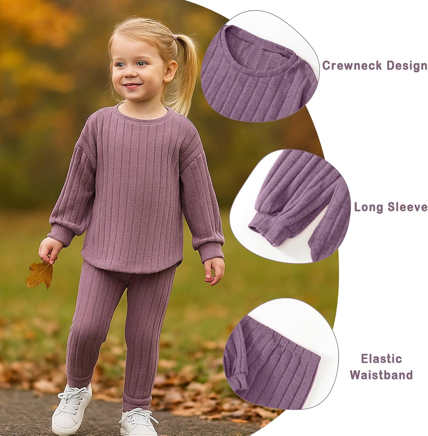 DEFAHN Toddler Girl Fall Clothes Set Warm Soft 2-piece Long Sleeve Ribbed Knit Tee & Leggings Winter Drop Shoulder Girl Set - Image 2