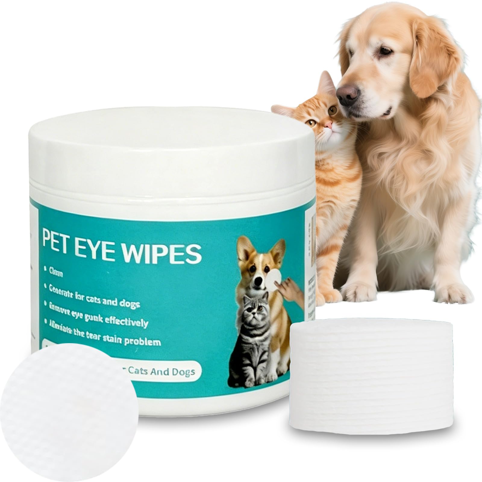 TASBER 100 Pet Eye Wipes for Dogs and Cats, Tear Stain Remover Wipes, Gentle Eye Cleaning Pads for Removing Eye Discharge, Crust and Tear Stains, Daily Pet Grooming Care (100pcs)
