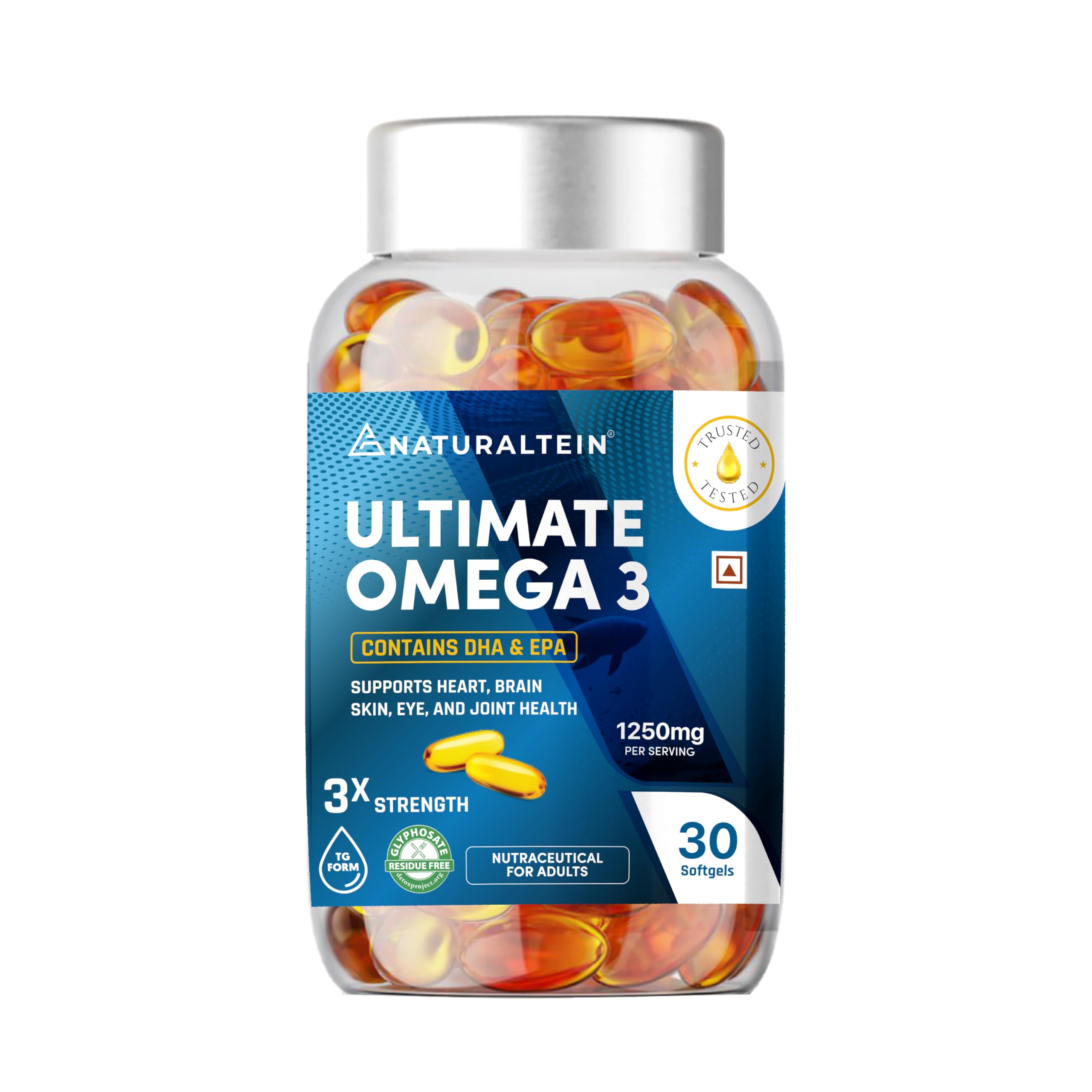NATURALTEIN Omega-3 Fish Oil 1250mg Triple Strength Softgels | 450mg EPA & 300mg DHA in Triglyceride Form for Better Absorption | Heart, Brain, Eye & Joint Support | Glyphosate-Free.