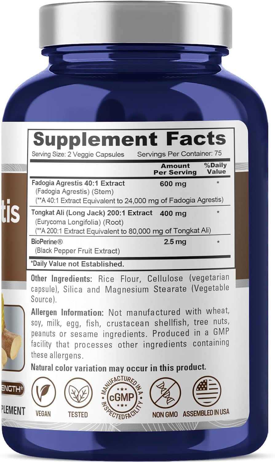 NusaPure Fadogia Agrestis 24,000mg + Tongkat Ali 80,000mg - 150 Veggie Caps - Non-GMO, Made in USA, Serving 2 VCaps, BioPerine - Image 2