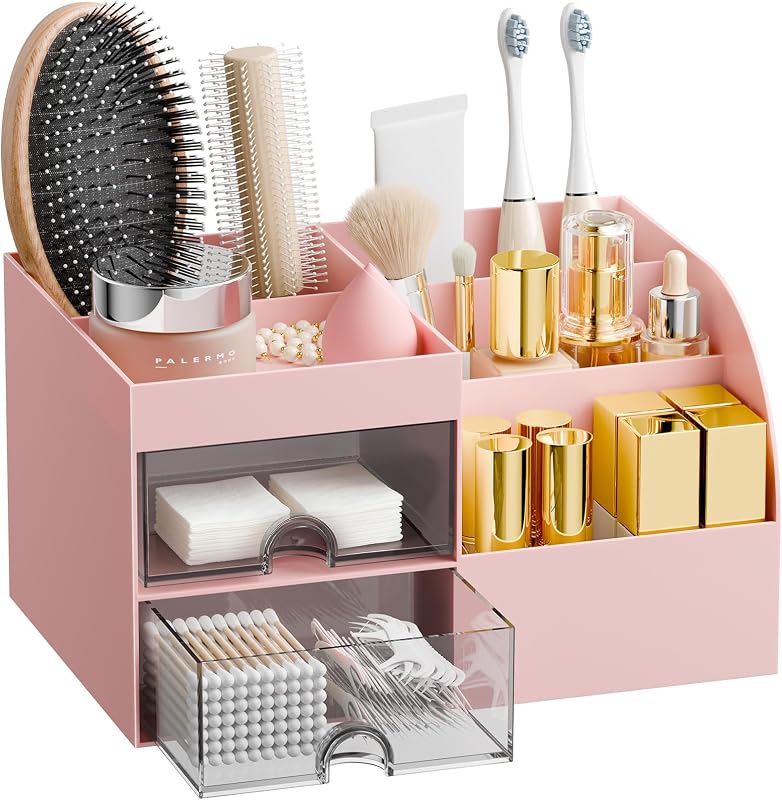 Organizador de maquiagem fanado com 2 gavetas, 5 compartimentos e suporte para pincéis, rosa
