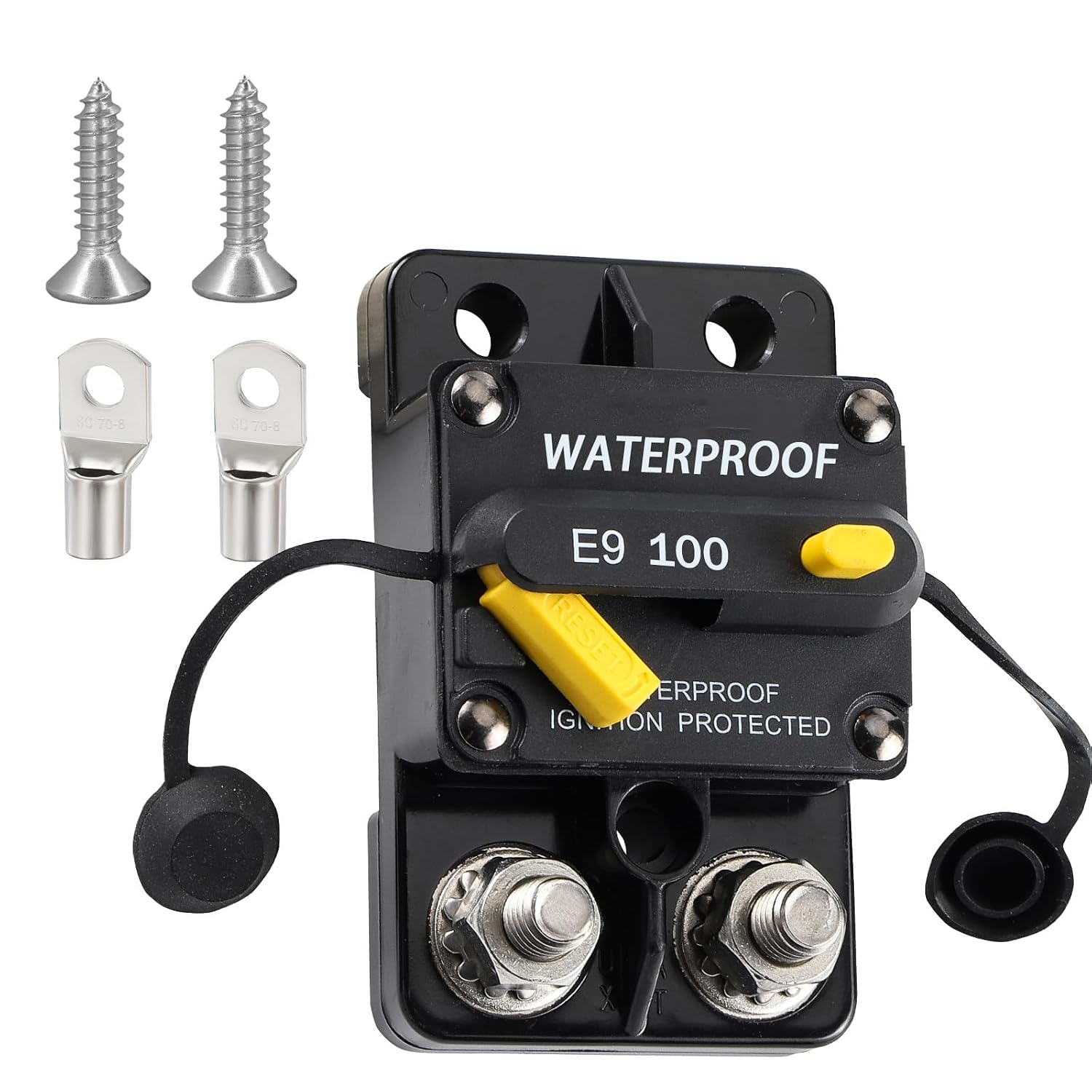 E9C Circuit Breaker Waterproof IP67 Extended Surface Mount 3/8" Stud Marine RV Truck Hi-Amp 12V-48V DC Protection Overload Short Circuit Protection (100A)