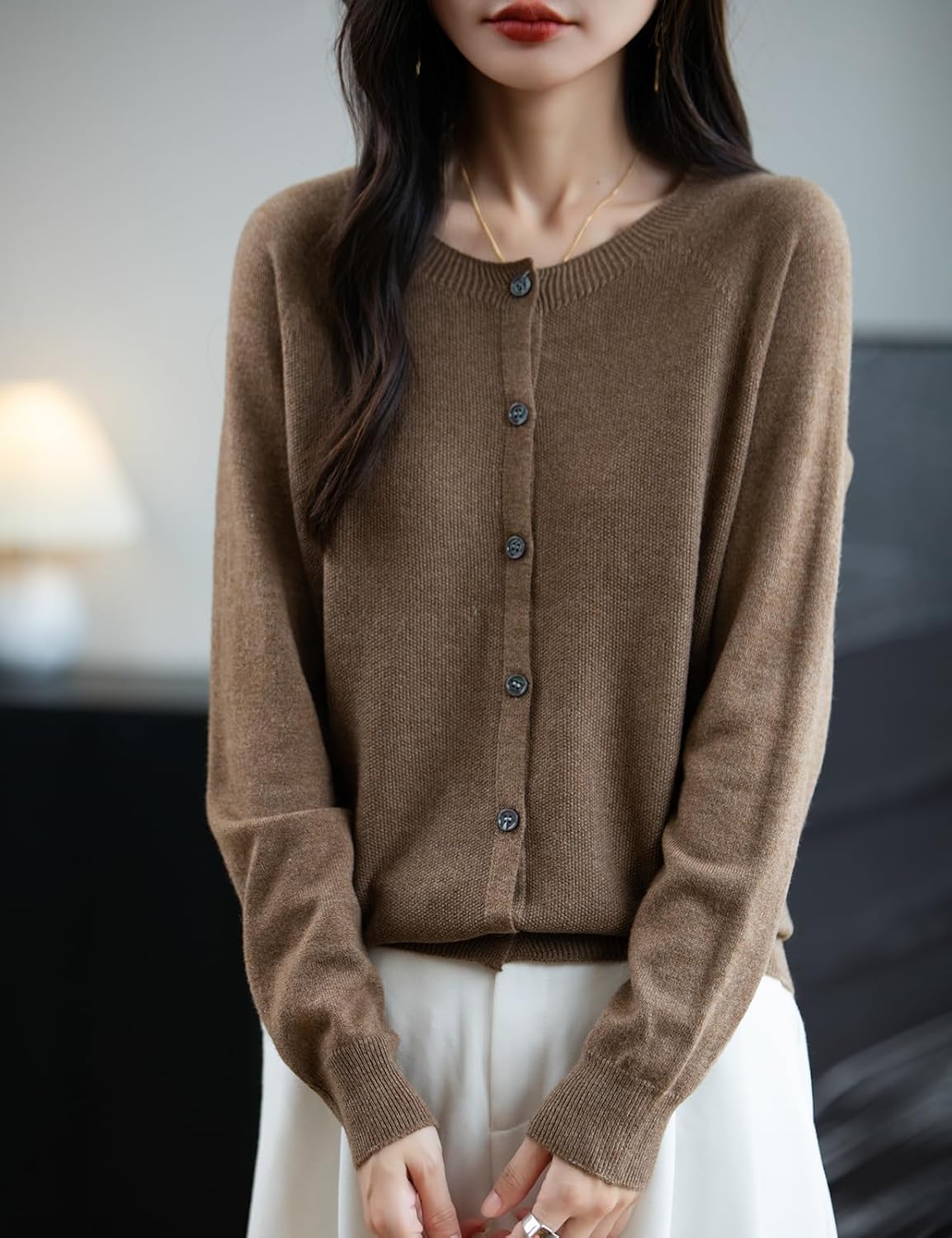 Women's Merino Wool Blend Cardigan Crew Neck Fall Winter Long Sleeve First-Line Ready to Wear Seamless Knit - Image 5