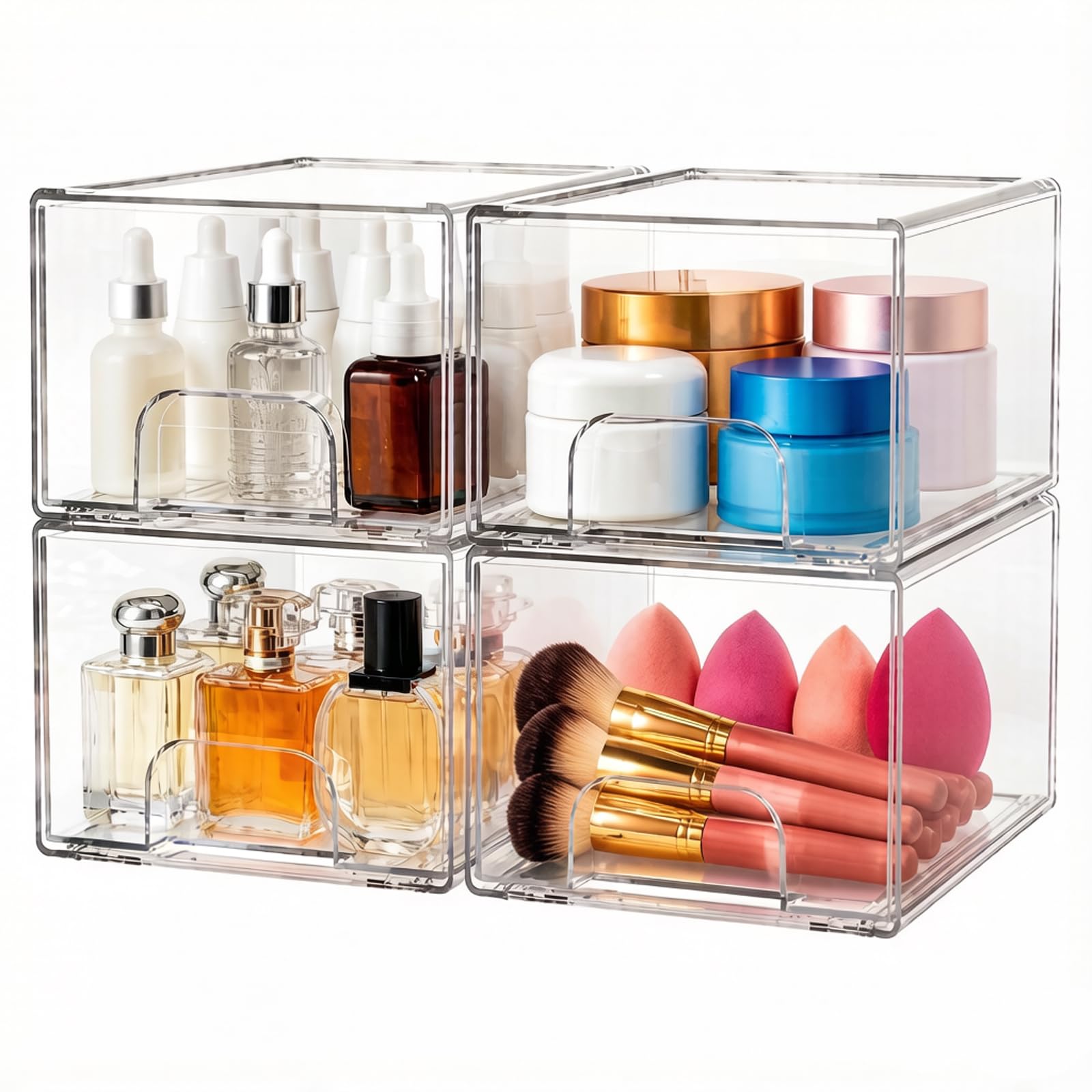 4 Pack Stackable Clear Makeup Organiser, Drawer Storage Boxes, Makeup Organizer with Handle, Stackable Cosmetic Storage Drawers for Vanity, Bathroom, Skincare, Nail Polish, Kitchen Cupboard Storage