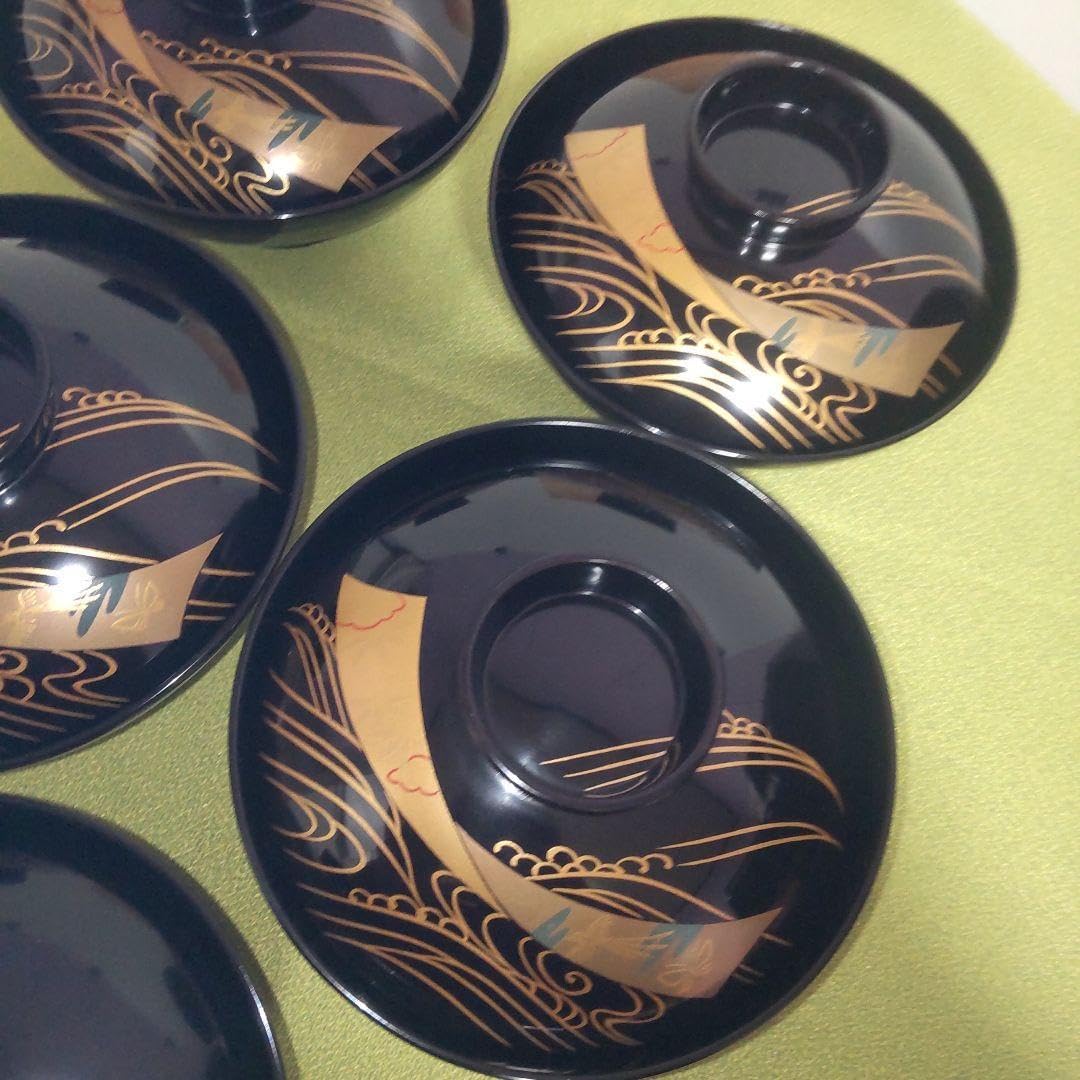 輪島塗 蓋付 椀 吸飲椀 波 鳥 金彩 蒔絵 松 黒 漆塗り 木