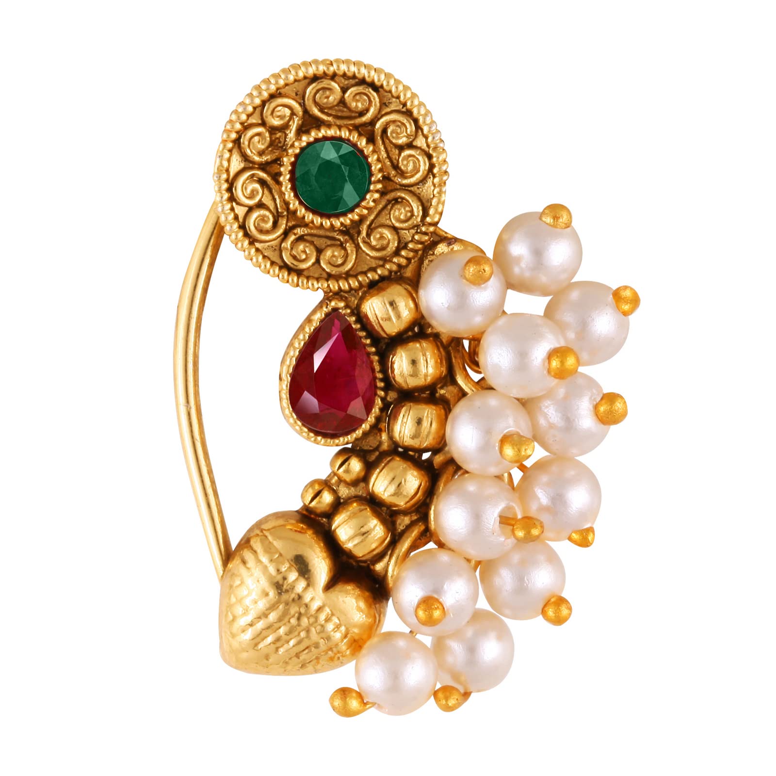 VFJ VIGHNAHARTA FASHION JEWELLERYVighnaharta Gold Plated with Pearl Alloy and Artificial stone Non Piercing Maharashtrian Nath Nathiya./ Nose Pin valentine day gift valentineday gift for her gift for him gift for women gift for women {VFJ1183NTH-Press }