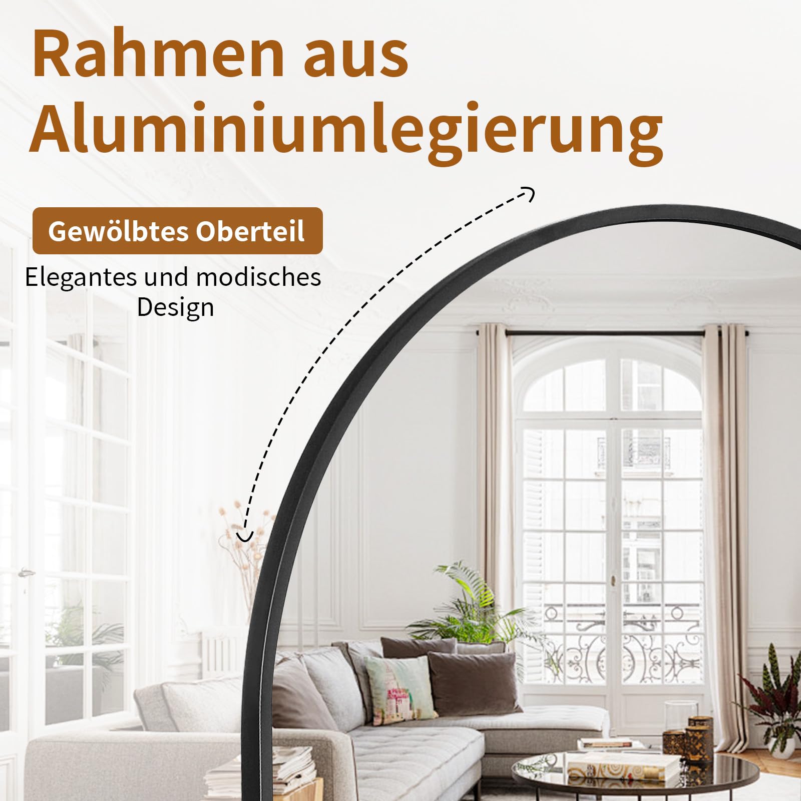 Koonmi Gebogen topspiegel met ronde hoeken, 76 x 171 cm, full-body spiegel, groot, vrijstaand hangend, vloerspiegel als aankleedspiegel voor woonkamer, zwart