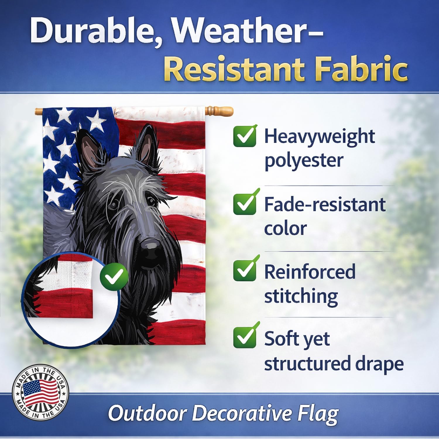 Caroline's Treasures CK6696CHF Scottish Terrier Dog American Flag House Flag Large Porch Sleeve Pole Decorative Outside Yard Banner Artwork Wall Hanging, Polyester, House Size, Multicolor
