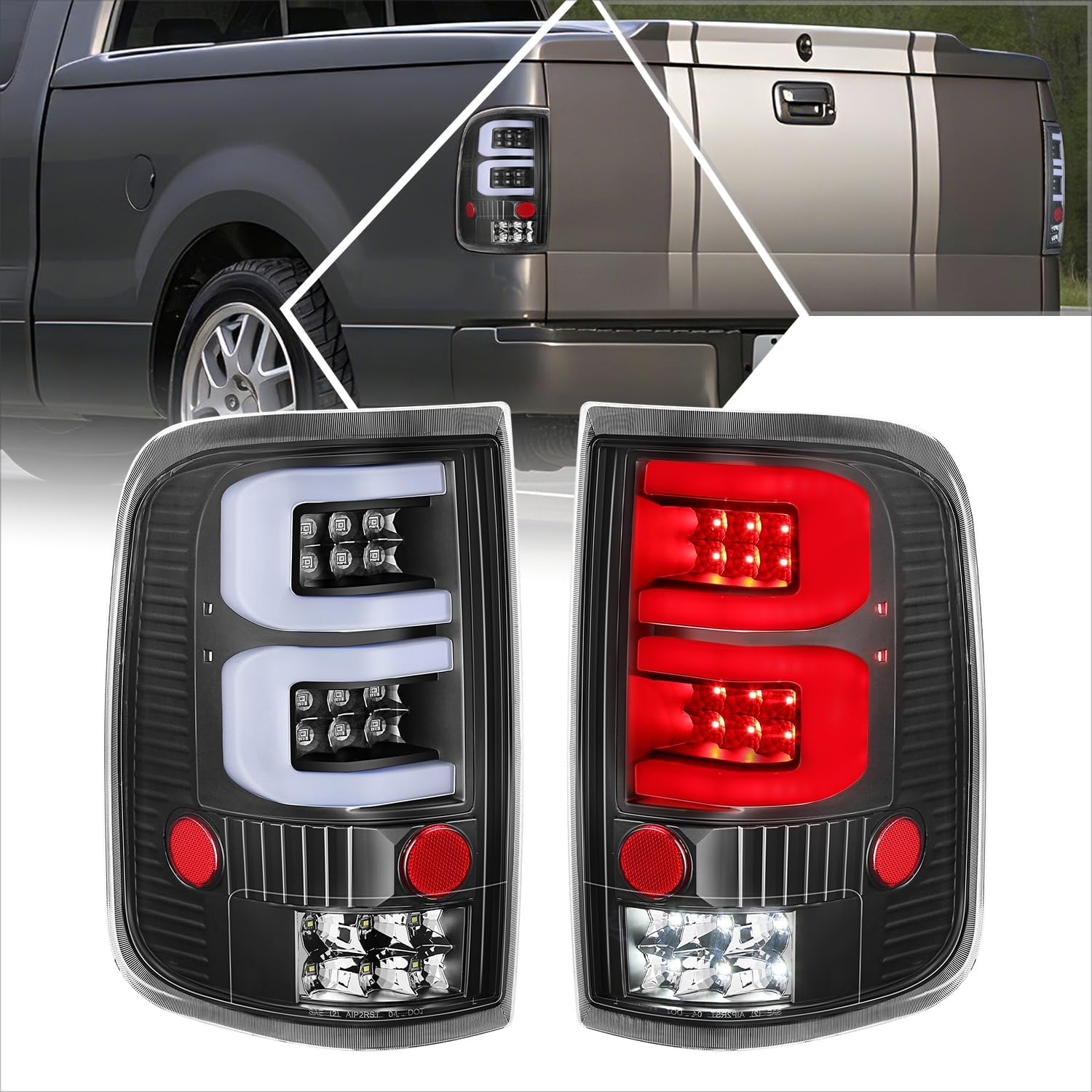 C-Shape 3D LED Tail Lights Brake Lamps Assembly Compatible with 04-08 Ford F150/Lobo,Black Housing/Clear Lens