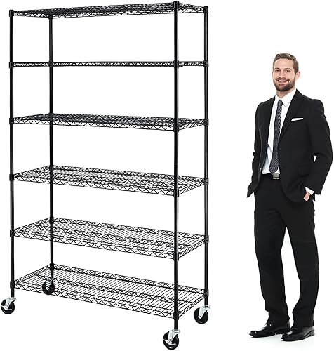 Estantería de almacenamiento de capacidad de 6000 libras, estantería de metal de 6 niveles certificada por NSF con ruedas y pies ajustables, estante