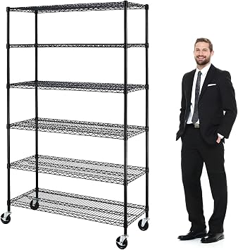 6000Lbs Capacity Storage Shelves Heavy Duty Shelving Unit 6 Tier Metal Shelving NSF Certified with Wheels and Adjustable Feets Commercial Grade Utility Shelf, 48"x 18"x 76" Wire Rack, Black