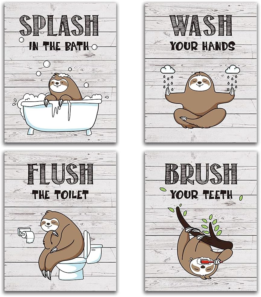Funny Sloth Bathroom Decor Wall Art Sign, Novelty Rustic Farmhouse Wood Sloth Bathroom Rules Wall Art for Kids, Nursery, Wash Brush Flush, 4set,8”X10” Unframed