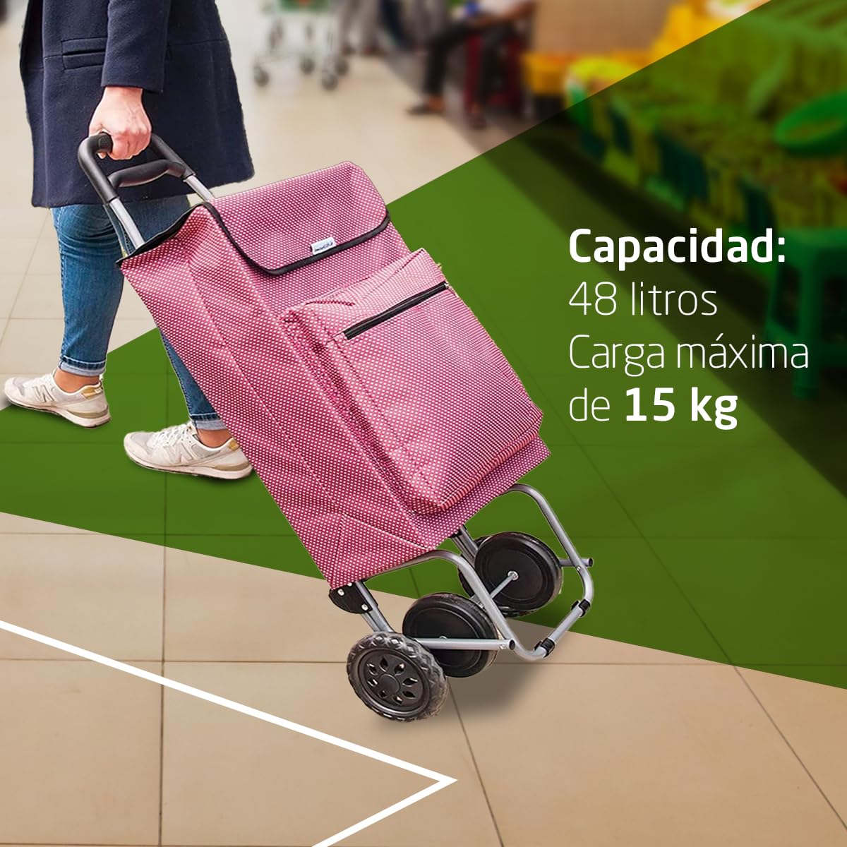 Amig - Carro de la Compra de 4 Ruedas - Bolsillo Exterior para Congelados - Carga Máxima 15kg - Capacidad de 48 litros - 22x40x106 cm - Rojo con Lunares Blancos