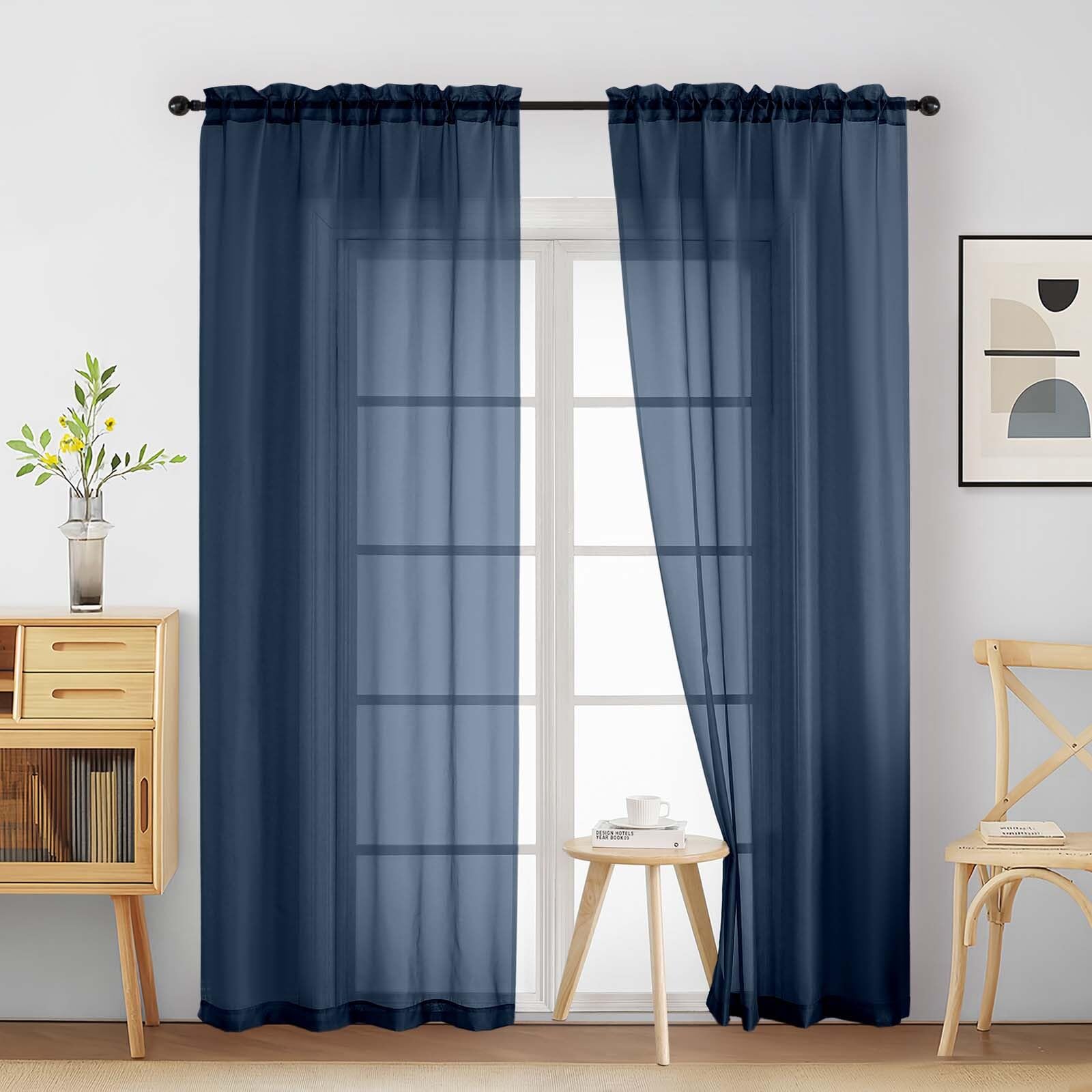 Ebesto Navy Blue Sheer Curtains 90 Inches Long 2 Panels, Light Filtering Solid Sheer Curtains for Bedroom Living Room, Lightweight Soft Airy Voile Sheer Drapes, Dual Rod Pocket, 2x42Wx90L Inches