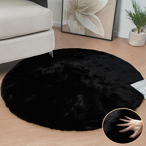 Miniatura 3 de Alfombra de piel peluda de conejo negro para dormitorio, alfombra circular lavable para sala de estar, alfombra redonda pequeña de 3 pies para