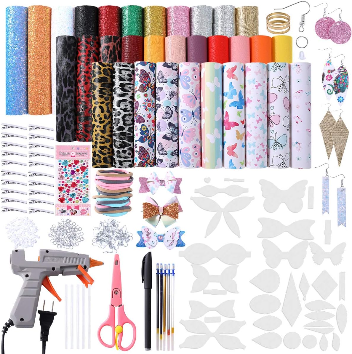 Leather Bow Earring Making Kit Include 6 Kinds Faux Leather Sheets Hair Clips Scissor Bow and Earring Template Hot Melt Glue Gun with Glue Stick Hair Ties Earring Backs and Hooks Diamond Stickers