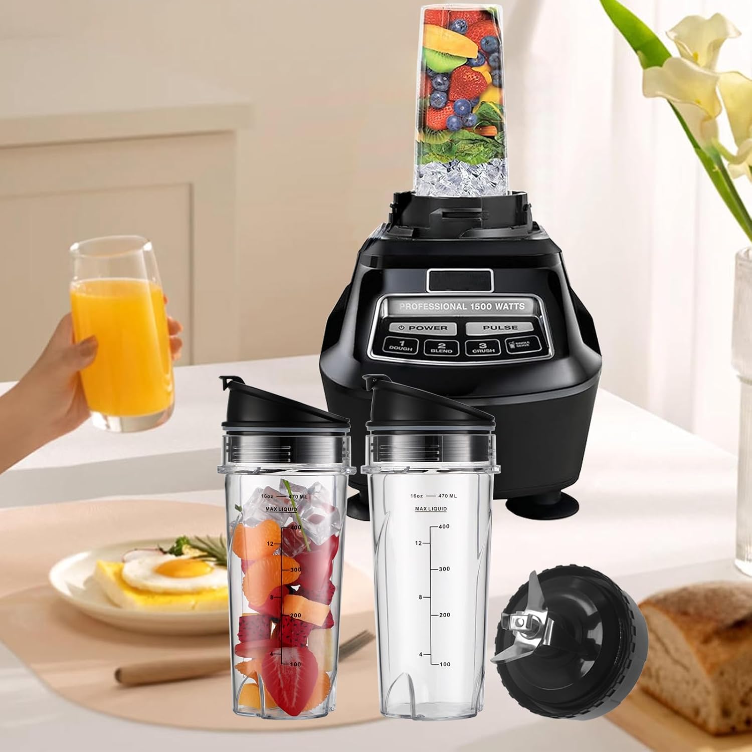 For Ninja Blender Cups Replacement Blade Compatible with BL660 BL770 BL663 BL663CO BL665Q BL740, 2 Pack Single Serve Ninja Blender 16oz Cups with Sip & Seal Lids &6 Fins Ninja Blender Blade