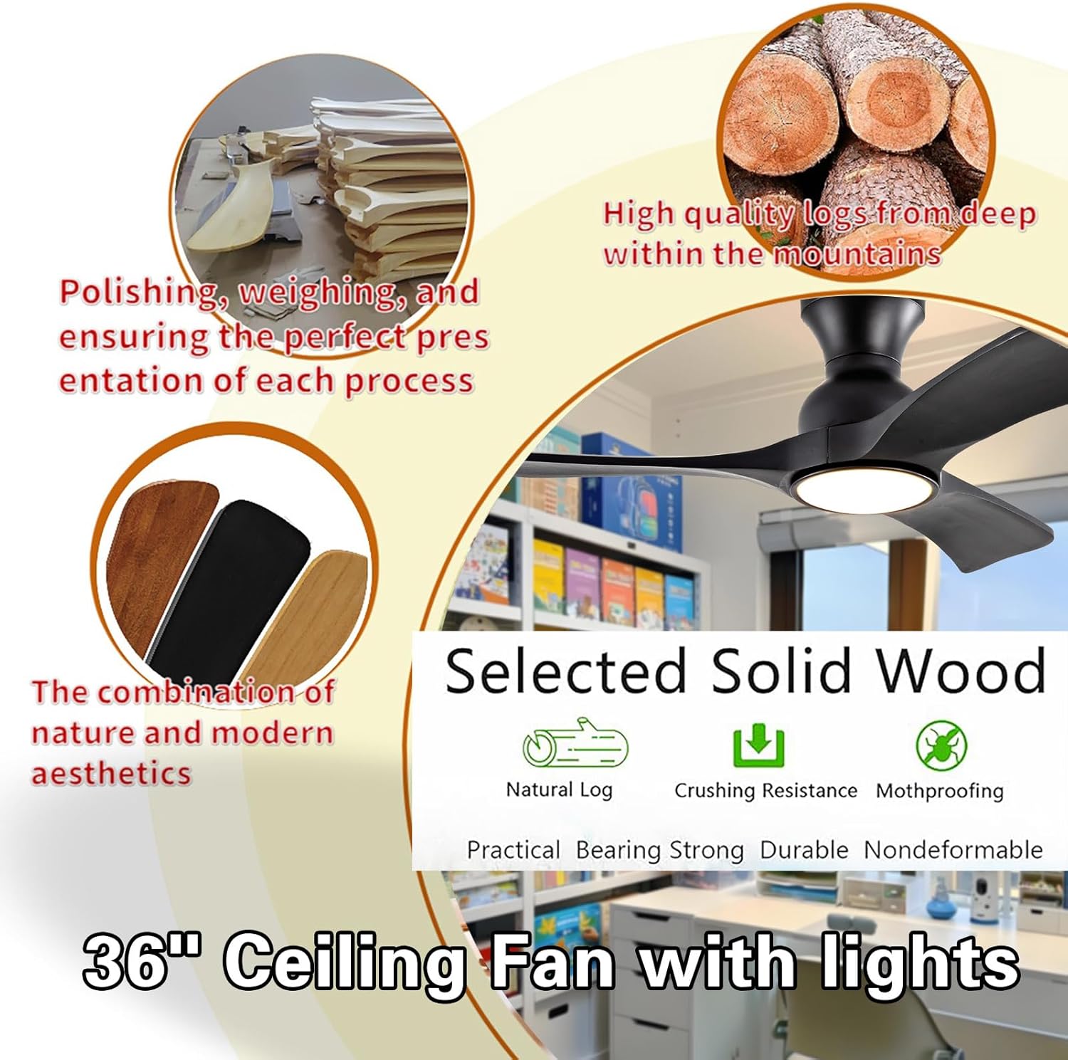 36 Inch Black Ceiling Fans with Lights, Flush Mount Ceiling Fan with Light, Modern Smart Wood Fan Light, 6-Speed Remote Control, Quiet Reversible Motor, Fans for Bedroom Study Room and Garage