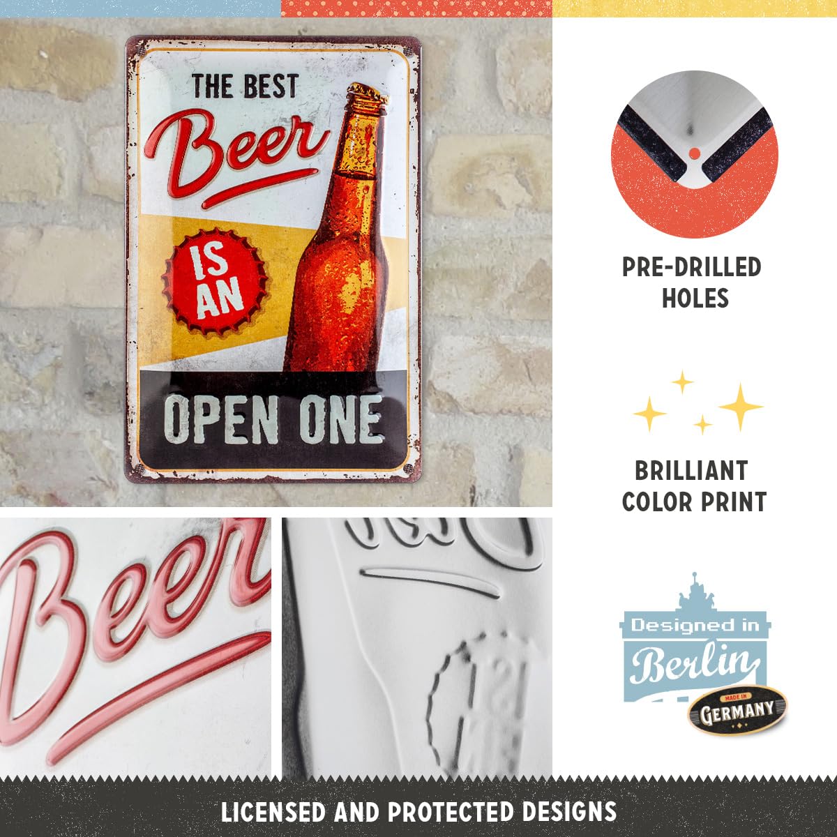 Nostalgic-Art Tabliczka blaszana w stylu retro, The Best Beer is an Open One – pomysł na prezent jako akcesorium barowe, wykonana z metalu, styl vintage, do dekoracji, 20 x 30 cm