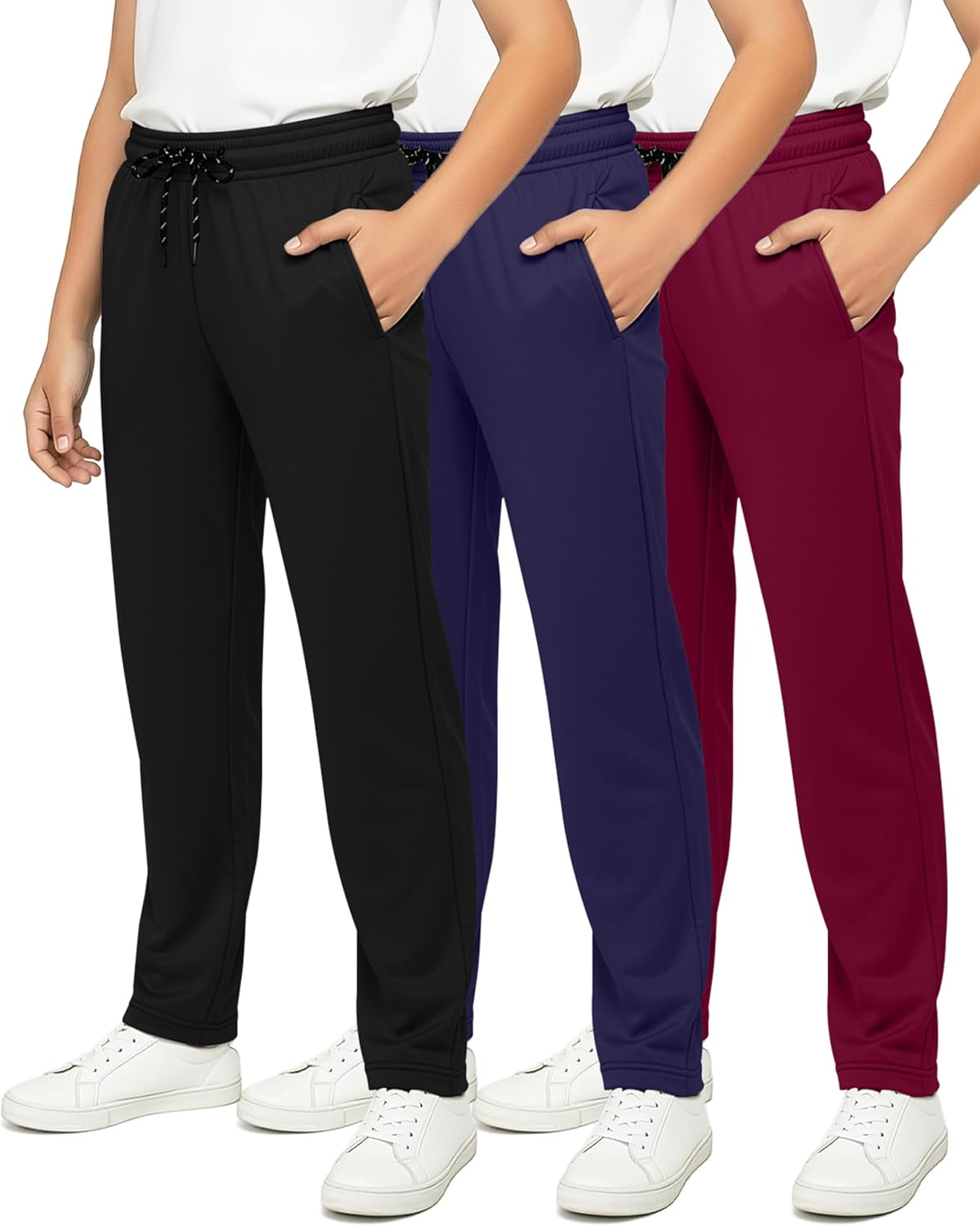 Real Essentials 3 Pack: Boys' Mesh Open Bottom Active Sweatpants with Pockets & Drawstring