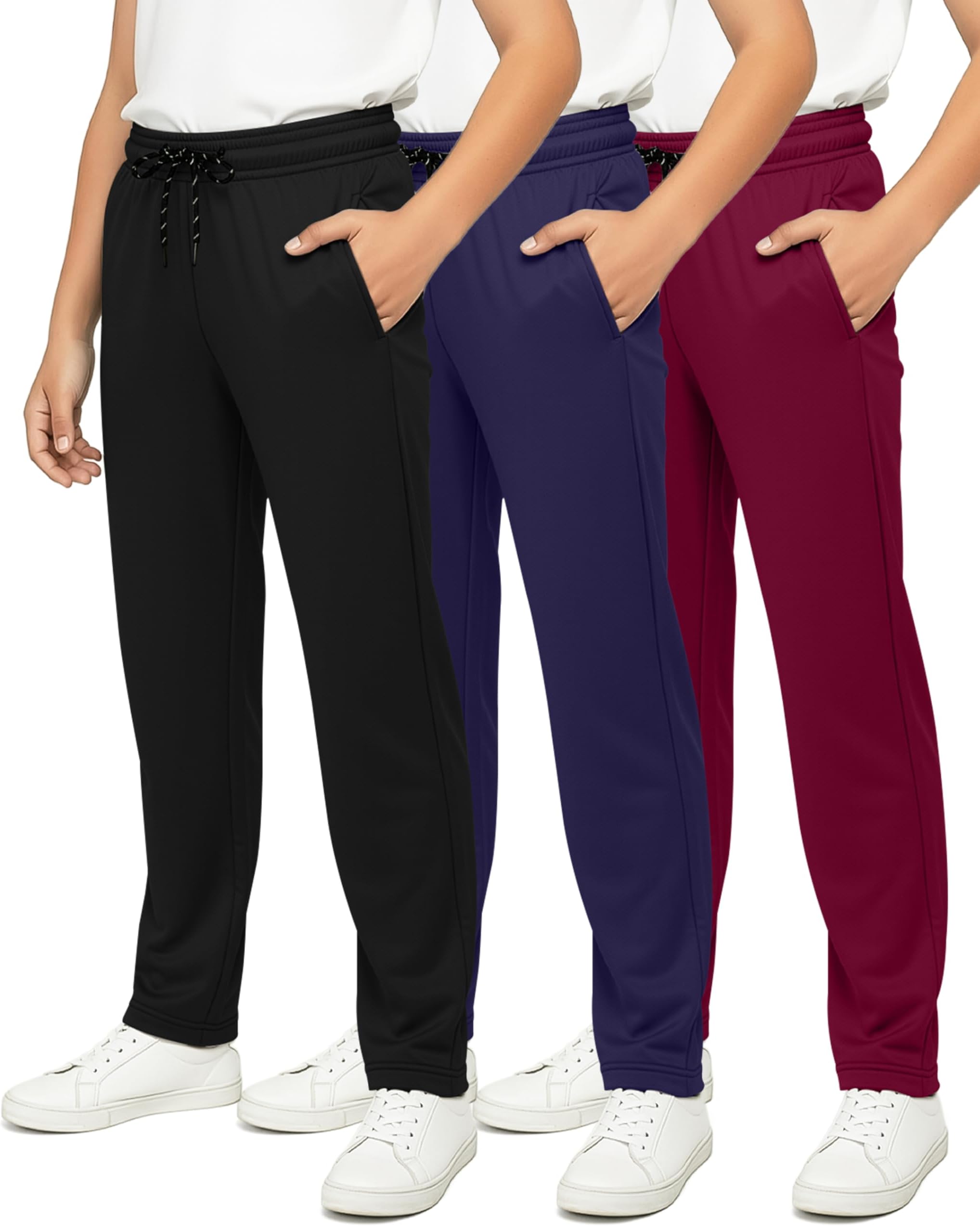 Real Essentials 3 Pack: Boys' Mesh Open Bottom Active Sweatpants with Pockets & Drawstring