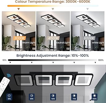 Modern Ceiling Light LED, 69cm 4-Square Black LED Dimmable Ceiling Lights Fixtures with Remote Control for Dining Room Bedroom Office Entrance Hallway Kitchen Living Room Light - 52W Black [Energy Class E]