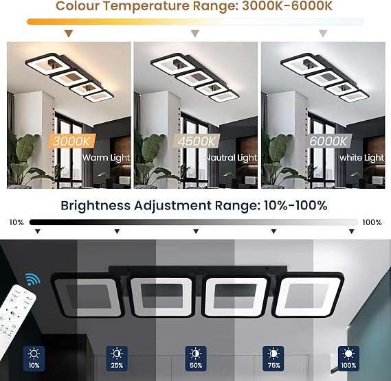 Modern Ceiling Light LED, 69cm 4-Square Black LED Dimmable Ceiling Lights Fixtures with Remote Control for Dining Room Bedroom Office Entrance Hallway Kitchen Living Room Light - 52W Black [Energy Class E]