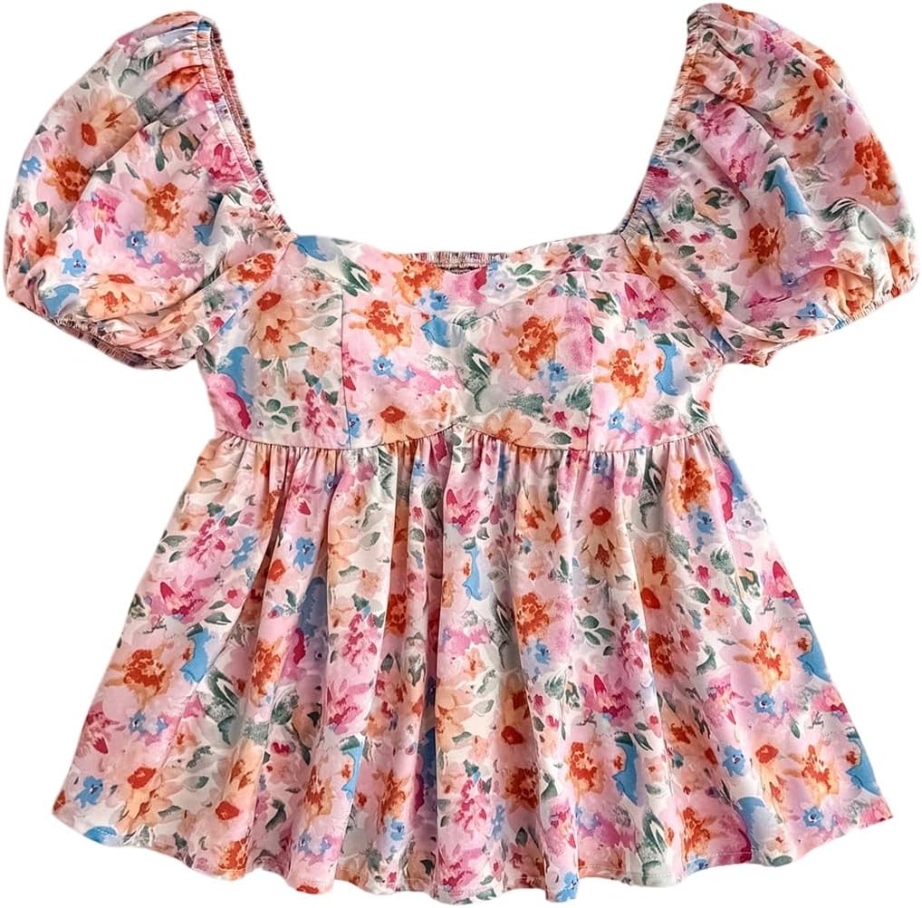 SweatyRocks Girl's Cute Floral Print Short Puff Sleeve Ruffled Blouse Square Neck Ruffle Peplum Tops